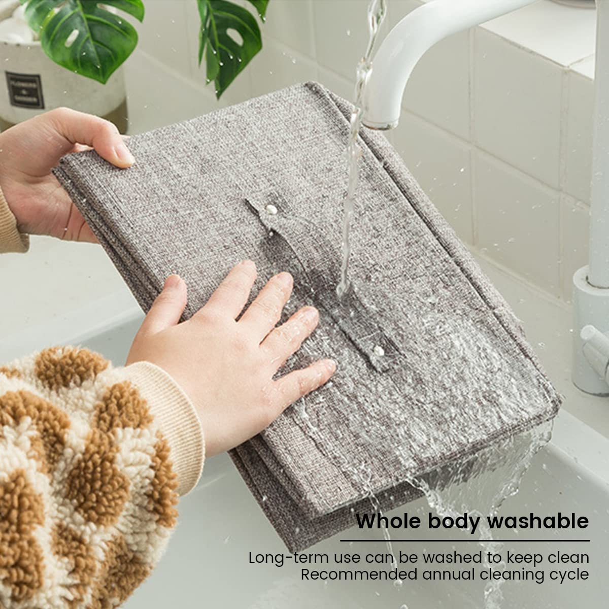 Foldable Cotton Linen Closet Storage Box with Handle - Washable Drawer Organizer for Underwear, Scarves, Dress Pants & T-Shirts (Grey, Large) - Perfect for Bedroom, Closet & Travel Storage Organization