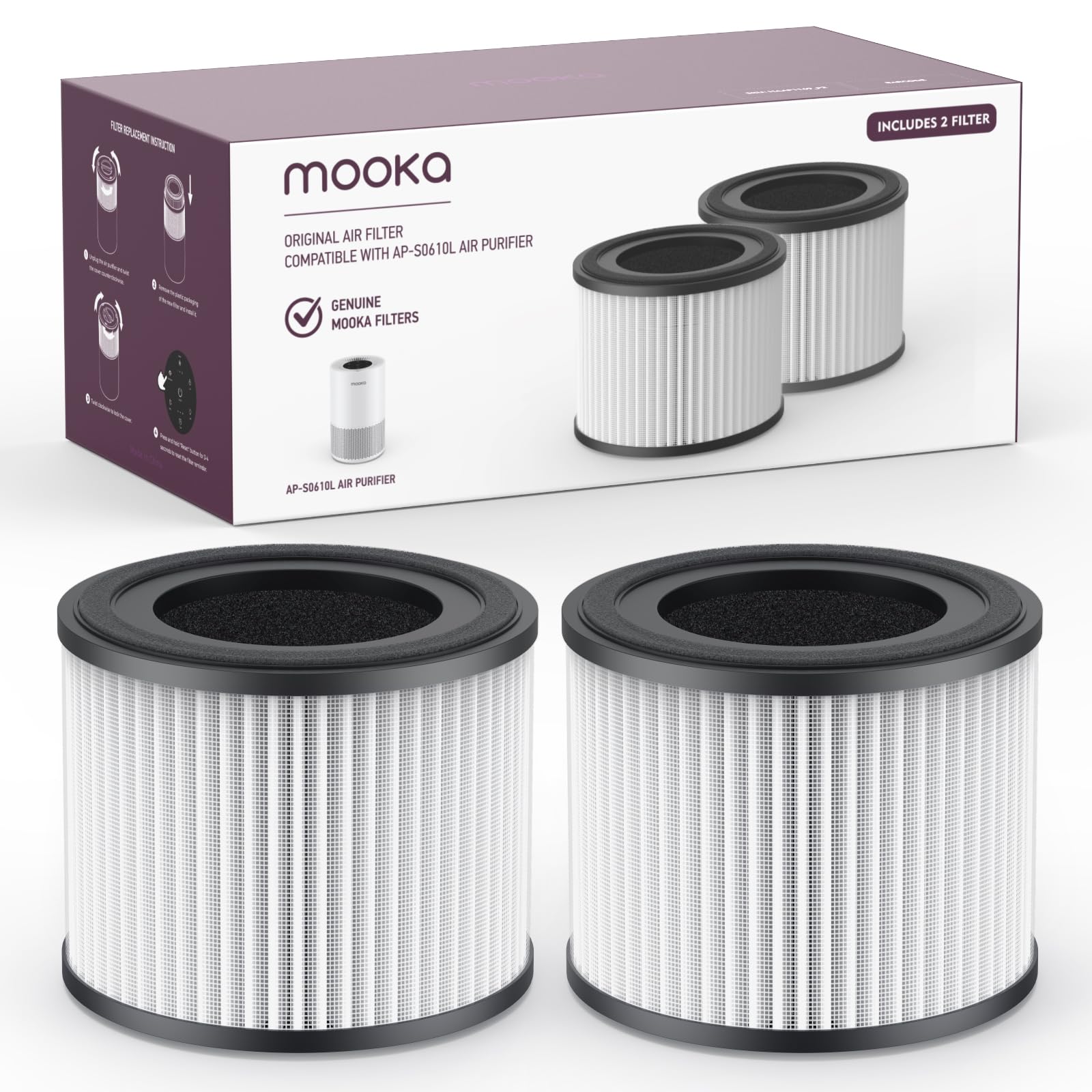 2 Pack MOOKA AP-S0610L Air Purifier Replacement Filters - 3-in-1 True HEPA with Activated Carbon for Smoke, Odor, Pet Dander & Pollen - Compatible with Most Air Purifiers for Home, Office & Bedroom Use