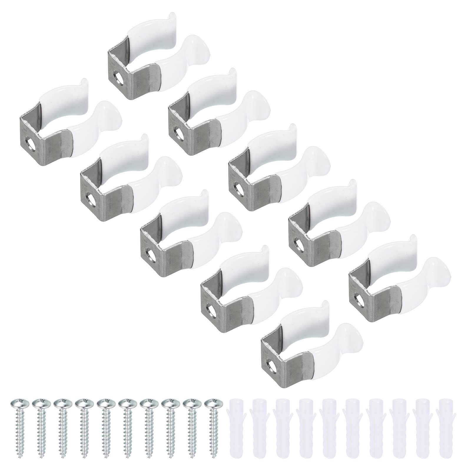 MECCANIXITY T5 U Clips Holder Bracket - 10 Pack Stainless Steel LED Light Bulb Mounting Bracket, Fluorescent Tube Holder with Screw Pipe Clamps & Spring Tool Clips (White) - Perfect for Home, Office, and Workshop Lighting Fixtures Installation