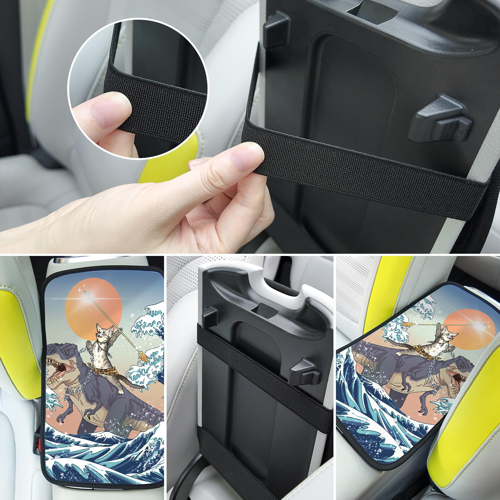 Cat & Dinosaur Car Center Console Cover - Universal Armrest Pad Protector for Cars, SUVs & Trucks | Soft & Durable Interior Accessory for Pet Lovers & Kids (Perfect for Road Trips & Daily Commutes)