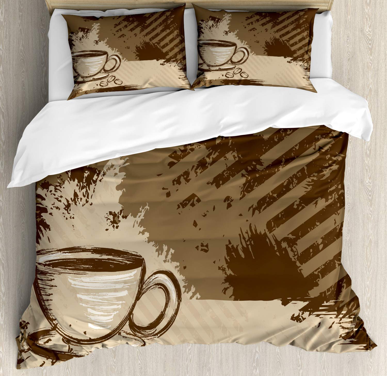 Ambesonne Coffee Duvet Cover Set - King Size Dark Cocoa Sepia, Grunge Style Coffee Cup & Beans Graphic Artwork, 3-Piece Bedding Set with 2 Pillow Shams | Perfect for Coffee Lovers' Bedroom Decor, Gift for Baristas & Home Styling