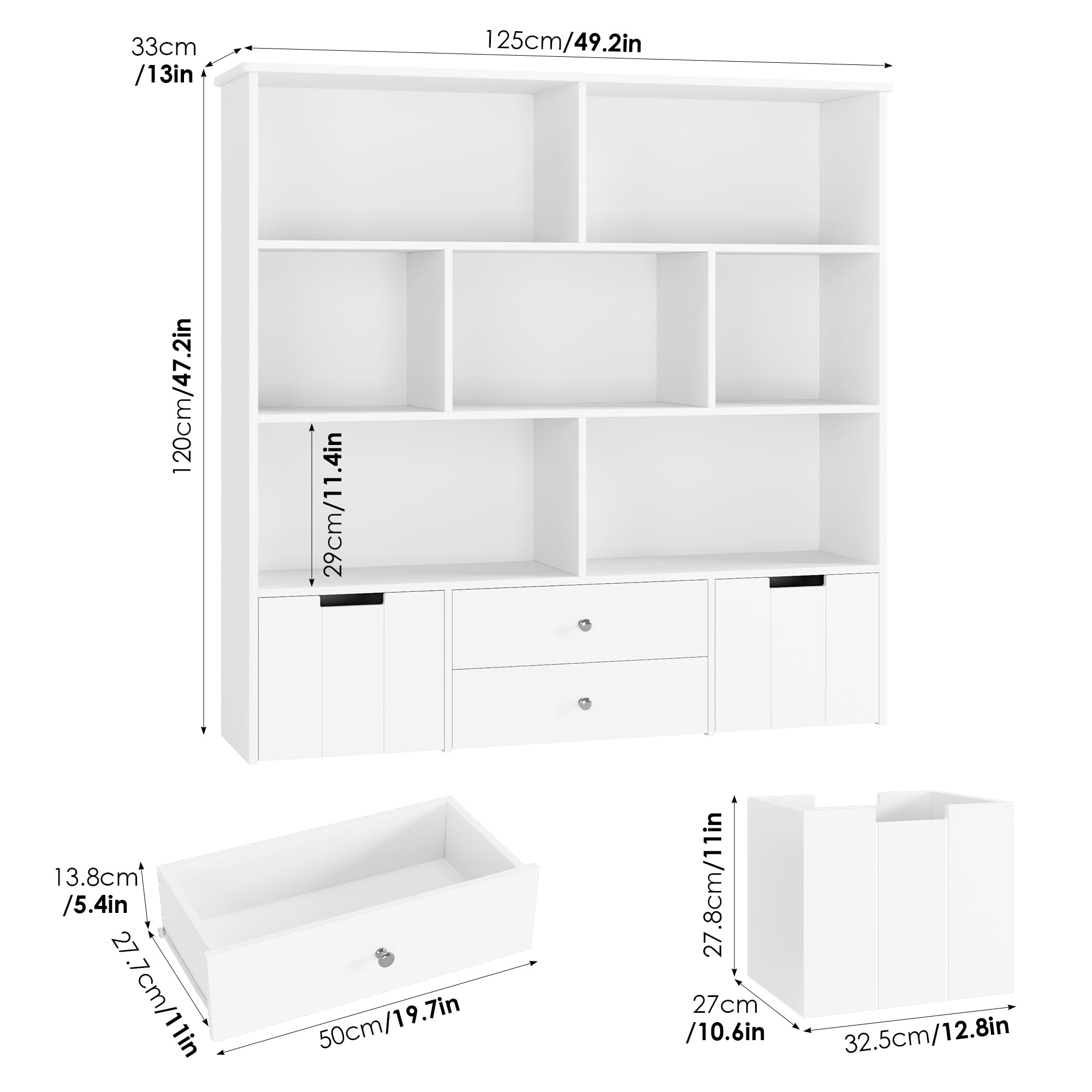 FINETONES Kids Toy Storage Organizer - Large 4-Drawer Bookshelf with 7 Storage Cubbies & Hidden Wheels, White | Playroom Organization for Toys, Books & Games | Perfect for Nursery, Daycare & Home Play Areas