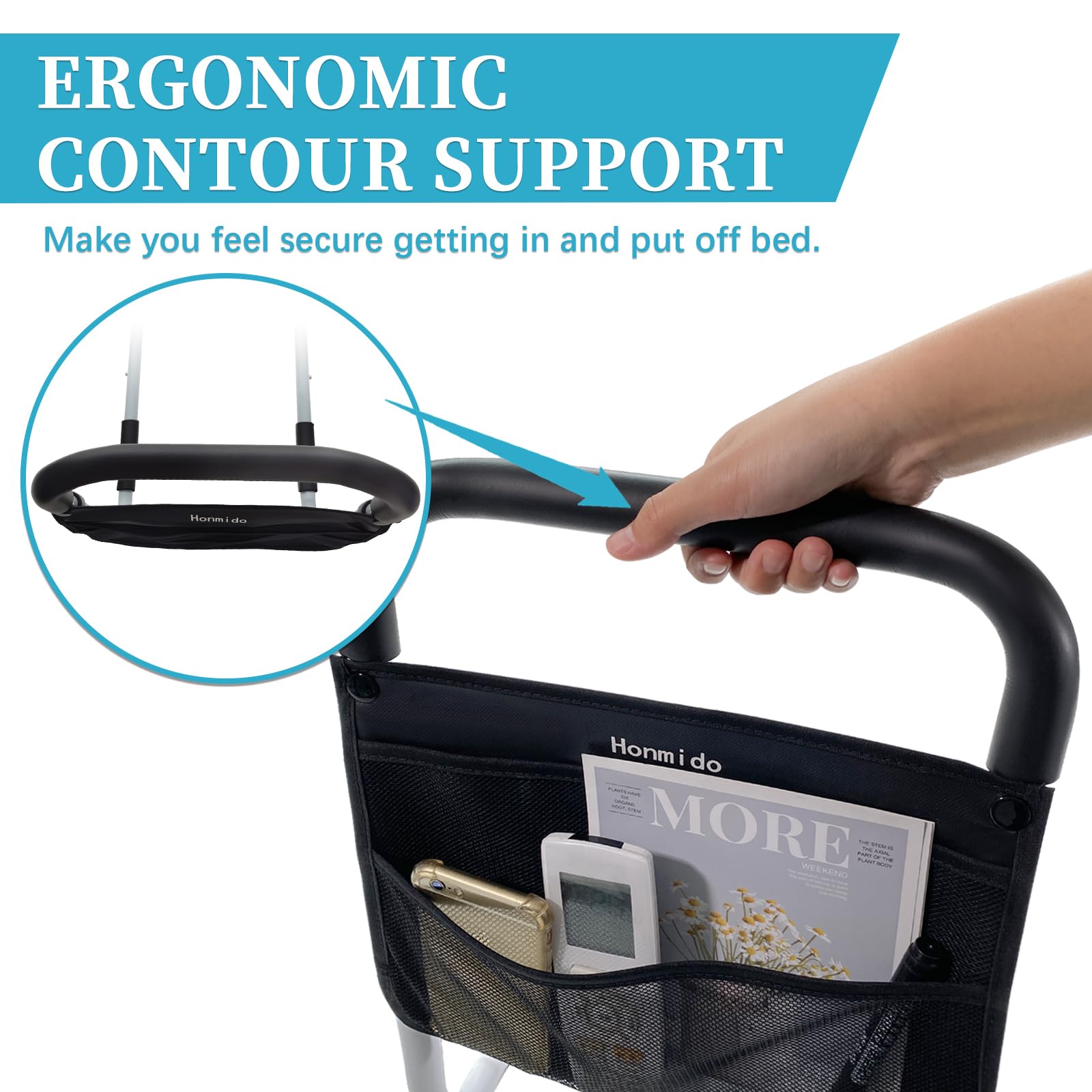 **Adjustable Bed Rails for Elderly - Safety Bed Assist Rail with Storage Pocket, Anti-Fall Grab Bar for Seniors - Fits King, Queen, Full & Twin Beds (Grey) - Ideal for Home Care, Hospitals & Assisted Living**