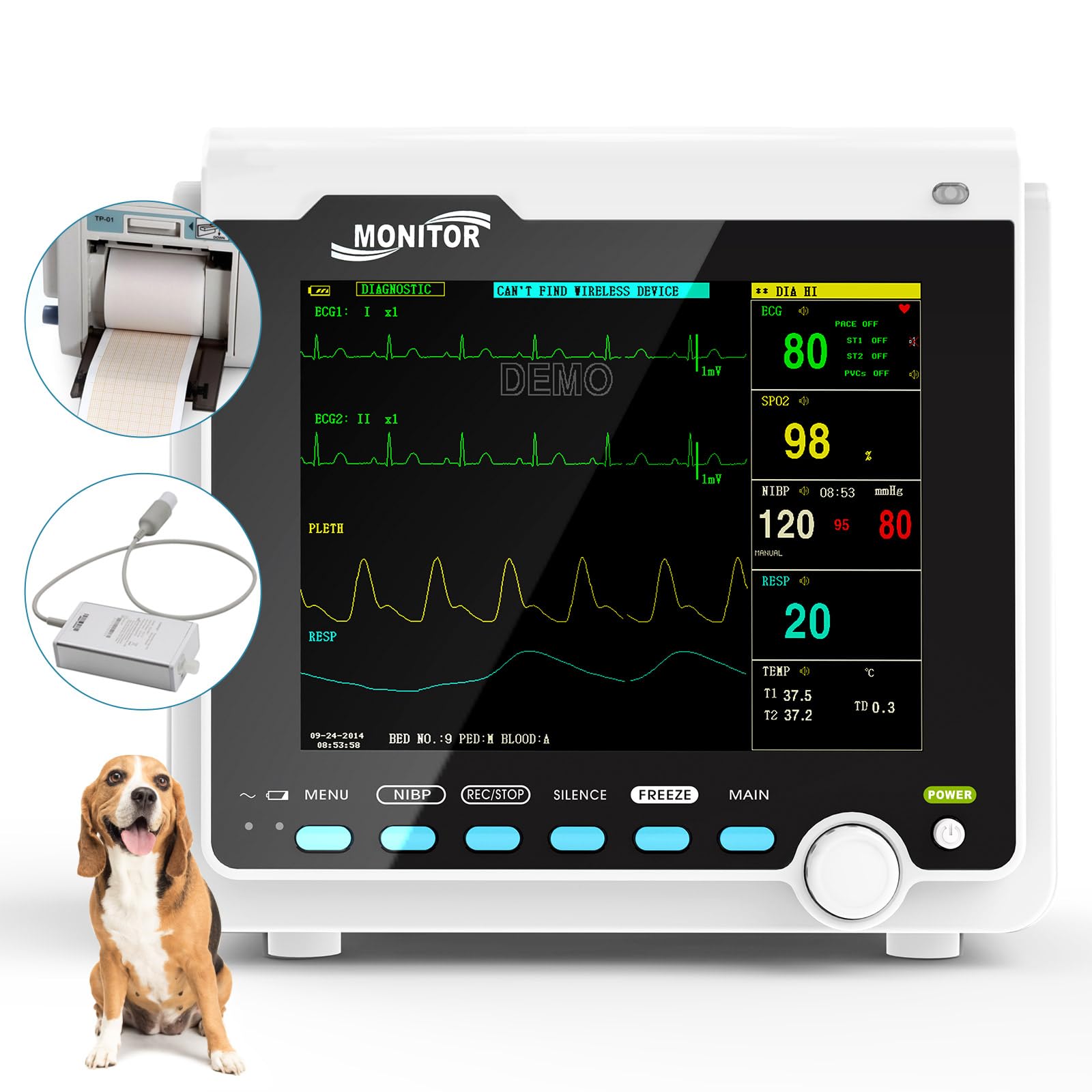 CONTEC CMS6000VET Veterinary Patient Monitor with ETCO2 & Printer - 6 Parameter Multi-Function Monitor for Dogs, Cats & Pets - Ideal for Home Clinics & Veterinary Practices