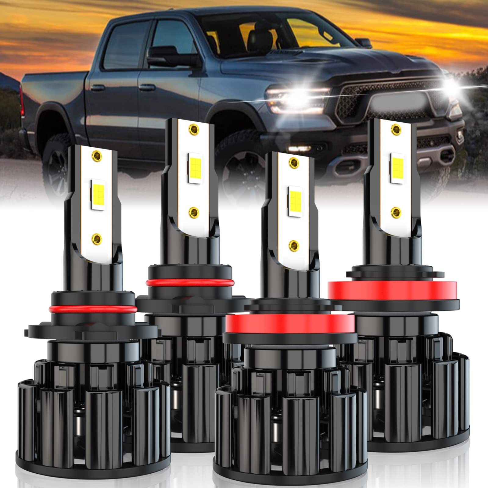 2019-2021 RAM 1500/2500/3500 LED Headlight Bulbs Kit - 9005 High Beam & H11 Low Beam - 60W 10000LM 6000K White Super Bright - CSP Technology - Plug and Play (4 Pack) - Perfect for Night Driving & Off-Road Adventures