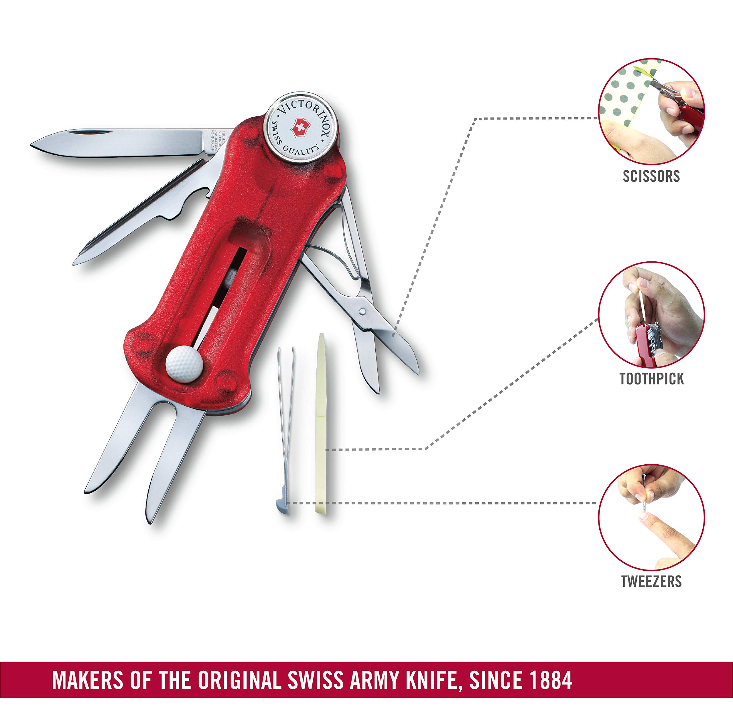 Victorinox Swiss Army Golf Multi-Tool with Stainless Steel Blades & Red Polyamide Handle - Compact Golf Accessories for On-Course Repairs & Outdoor Adventures
