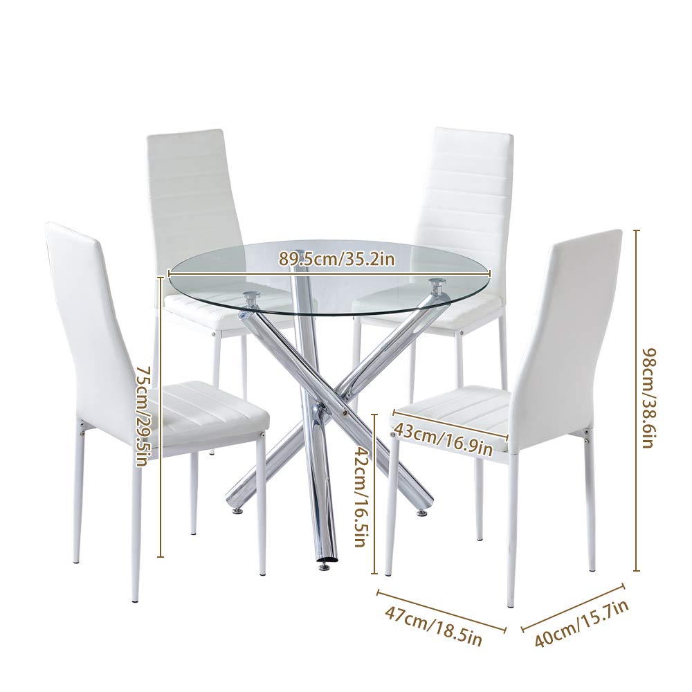 Modern Glass Top Dining Table Set with PU Leather Chairs - Round Tempered Glass Kitchen Table & White Chairs for Small Space, Breakfast Nook, Apartment Dining Room Furniture