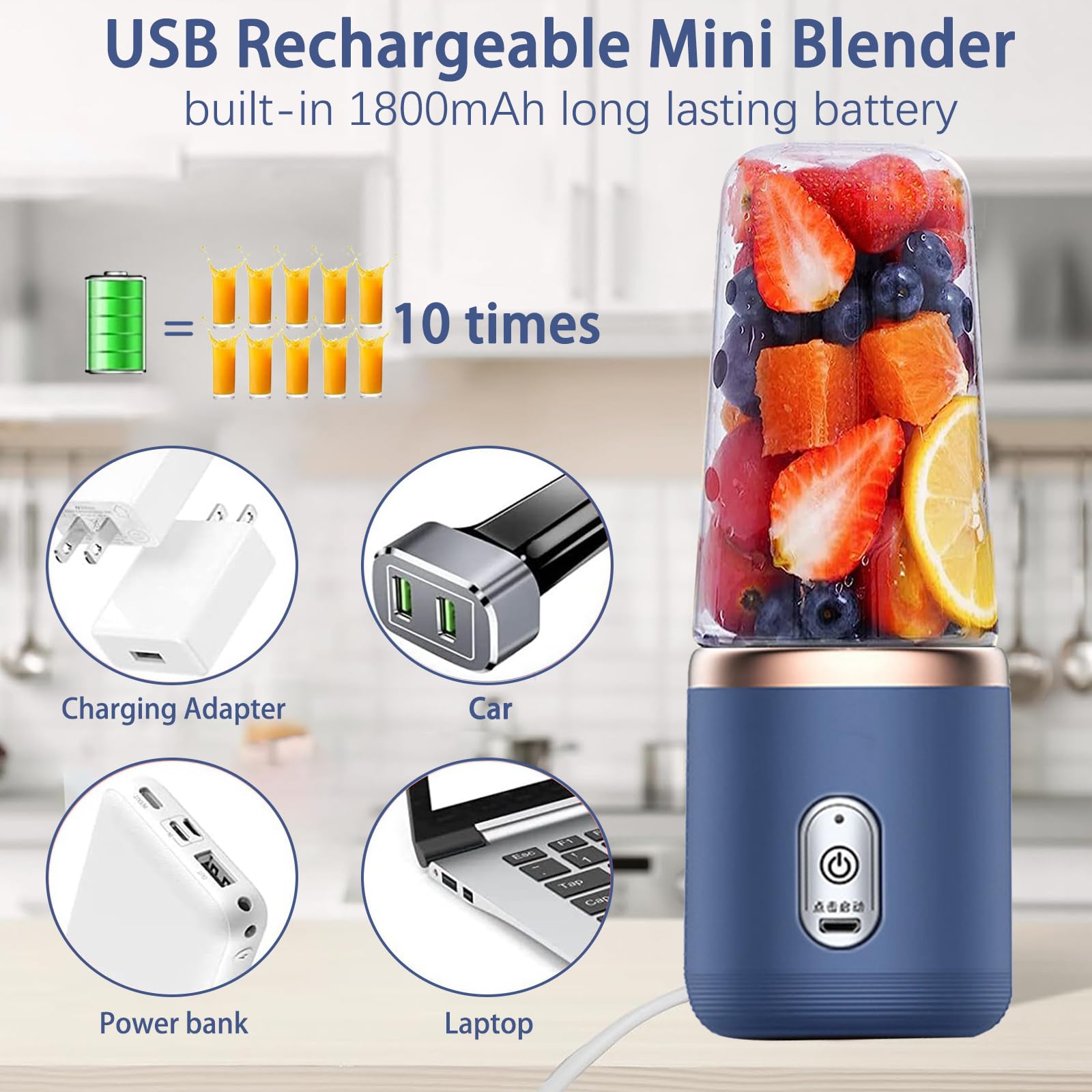 Portable USB Rechargeable Personal Blender - 400ML Mini Blender for Smoothies, Shakes & Juices with 6 Blades - Travel-Friendly Handheld Blender with Lid - Perfect for Gym, Kitchen, Office & Outdoor Use