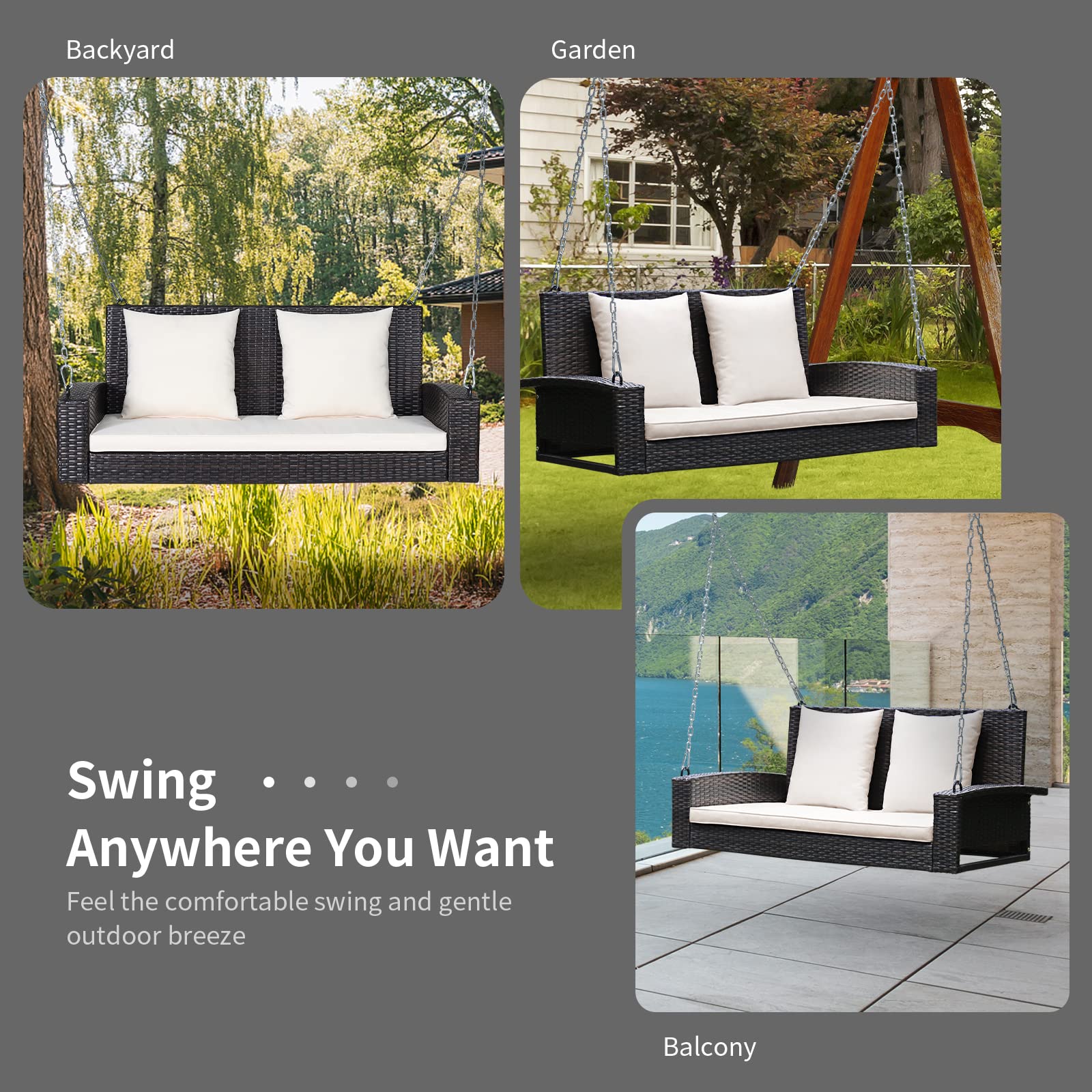 RELAX4LIFE 2-Person Outdoor Porch Swing - Rattan Wicker Hanging Chair with 7.9ft Steel Chains & Cushions - Beige Patio Swing for Front Porch, Garden, Backyard, Deck - Perfect for Relaxing, Reading & Enjoying Nature