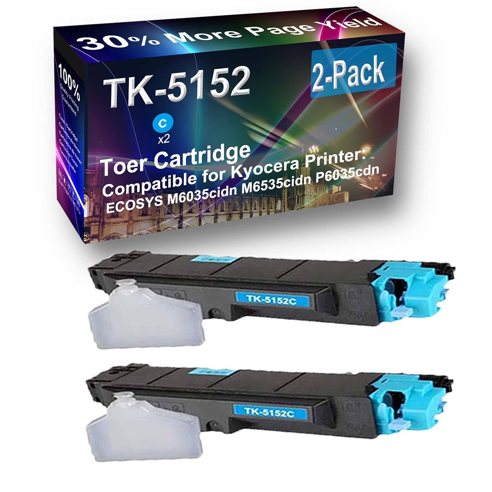 2-Pack Cyan High Capacity Replacement Toner Cartridge for Kyocera ECOSYS M6535cidn & TK-5152C Printer | Compatible with TK5152 (TK-5152C) | Office & Home Printing Solution