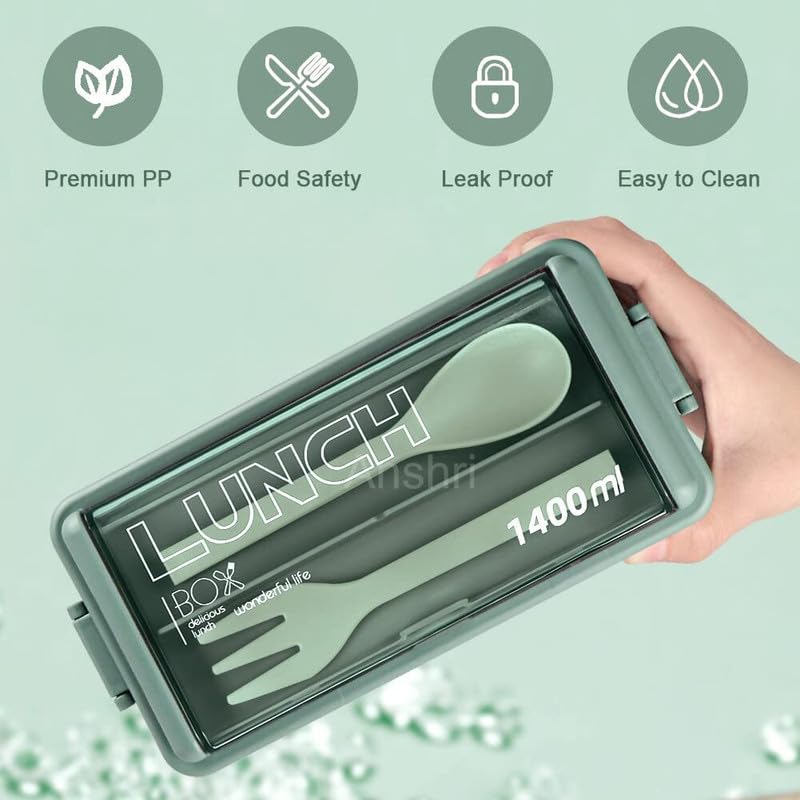 Anshri 3 Compartment Bento Lunch Box - 1400ml Leak Proof Microwave Safe Tiffin Container for Office, School, Travel - Ideal for Adults, Men, Women & Kids (Pistachio Green, Pack of 1) - Perfect for Meal Prep, Picnics & On-the-Go Dining
