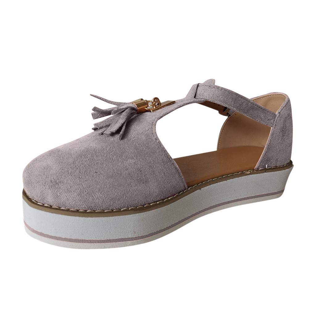 Women's Casual Tassel Round Toe Flat Pumps with Buckle Strap - Comfortable Thick Sole Beach Shoes for Walking, Travel & Daily Wear | Dog Walking Friendly Shoes