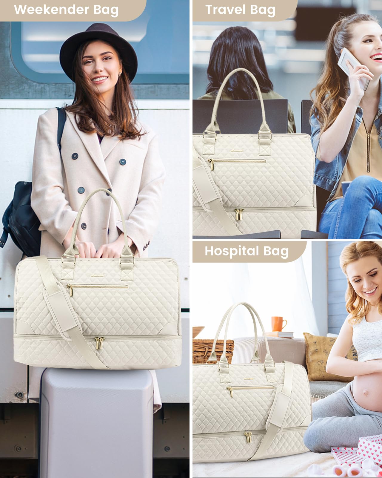 LOVEVOOK Women's Weekender Travel Bag - Large Carry On Duffle with Shoe Compartment & Toiletry Bag - 3 Piece Set for Overnight Trips, Gym, Hospital Labor Delivery - Perfect for Workouts, Weekend Getaways & Maternity Hospital Stays