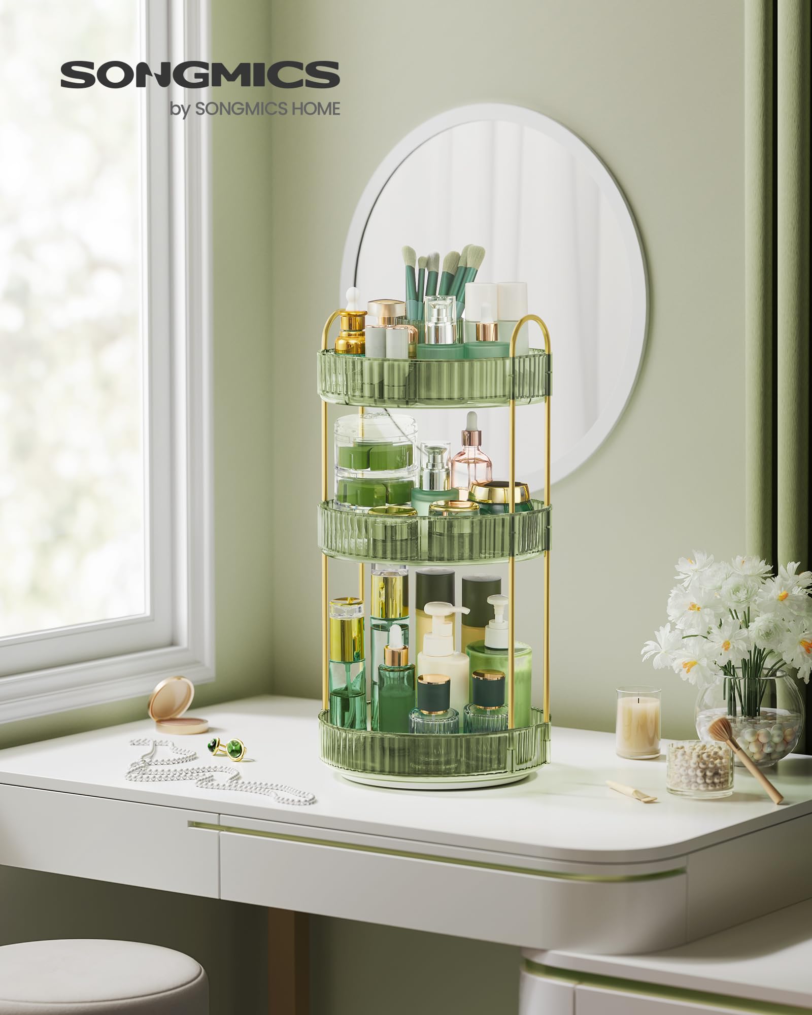 SONGMICS 3-Tier Rotating Makeup Organizer | Round Skincare & Toiletries Vanity Organizer with Lazy Susan | Customizable Cosmetic Storage | Perfect for Bathroom Countertop, Dressing Table & Gift Giving | Pale Green UJKA011C01