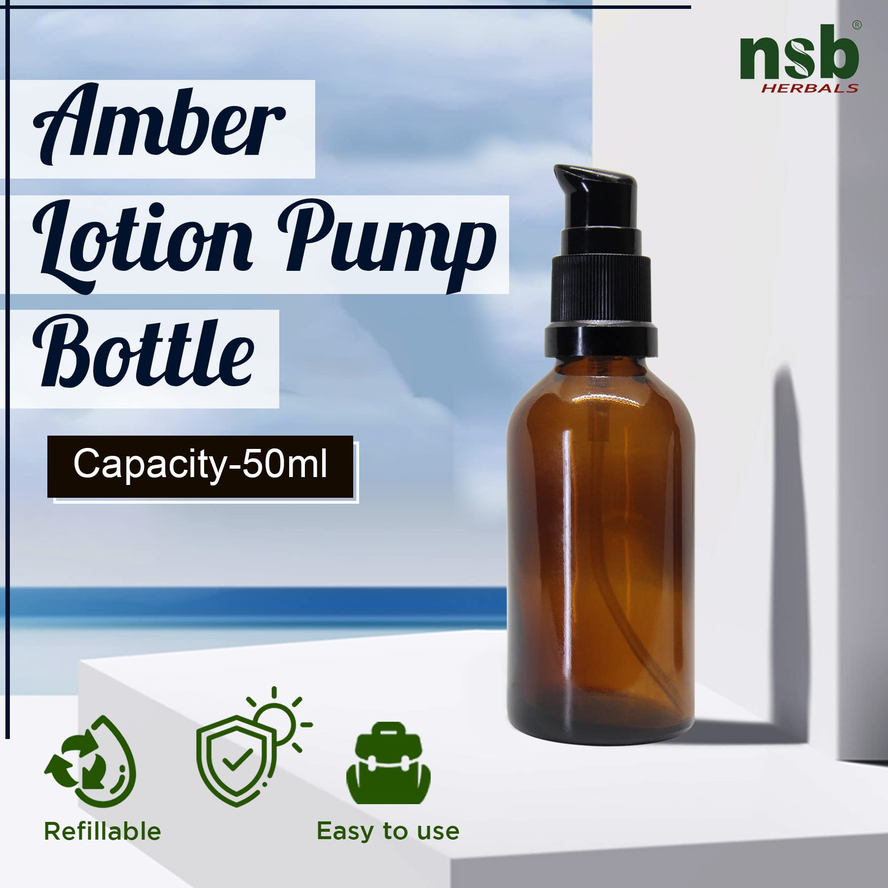 NSB Herbals 50ml Amber Round Empty Glass Bottle with Lotion Pump & Black Cap - Perfect for Essential Oils, Blends, Skin Care, Cosmetics - Ideal for DIY Beauty Products, Aromatherapy, and Travel-Sized Containers (Pack of 3)