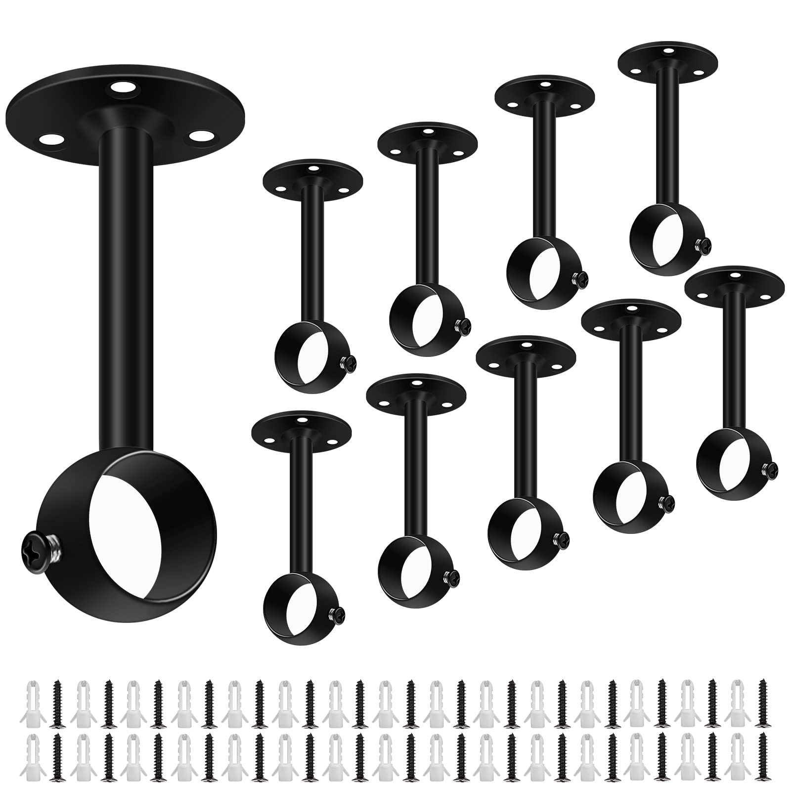 Heavy Duty 1 Inch Black Ceiling Mount Curtain Rod Brackets - 10 Pack for Living Room, Bedroom & Home Theater Installation