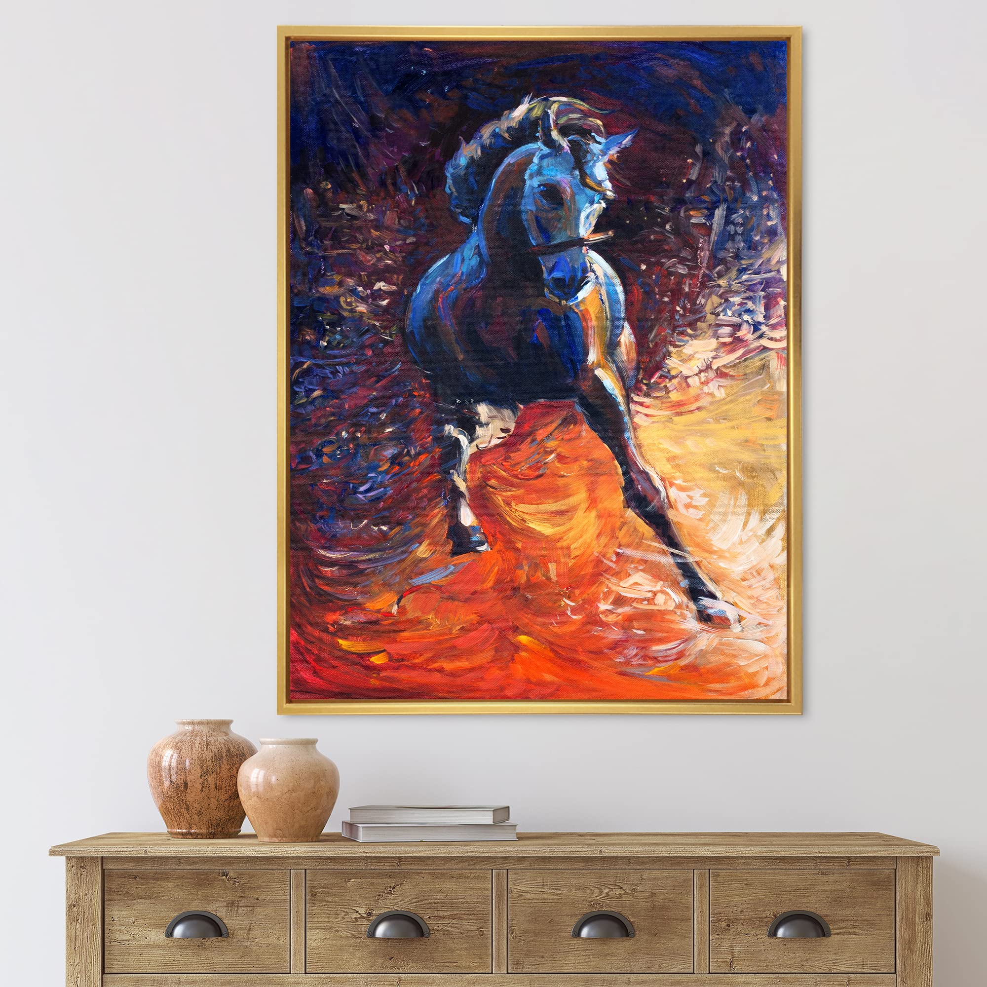 Galloping Blue Horse Farmhouse Framed Canvas Wall Art Print - Elegant Equestrian Home Decor for Living Room, Bedroom & Office