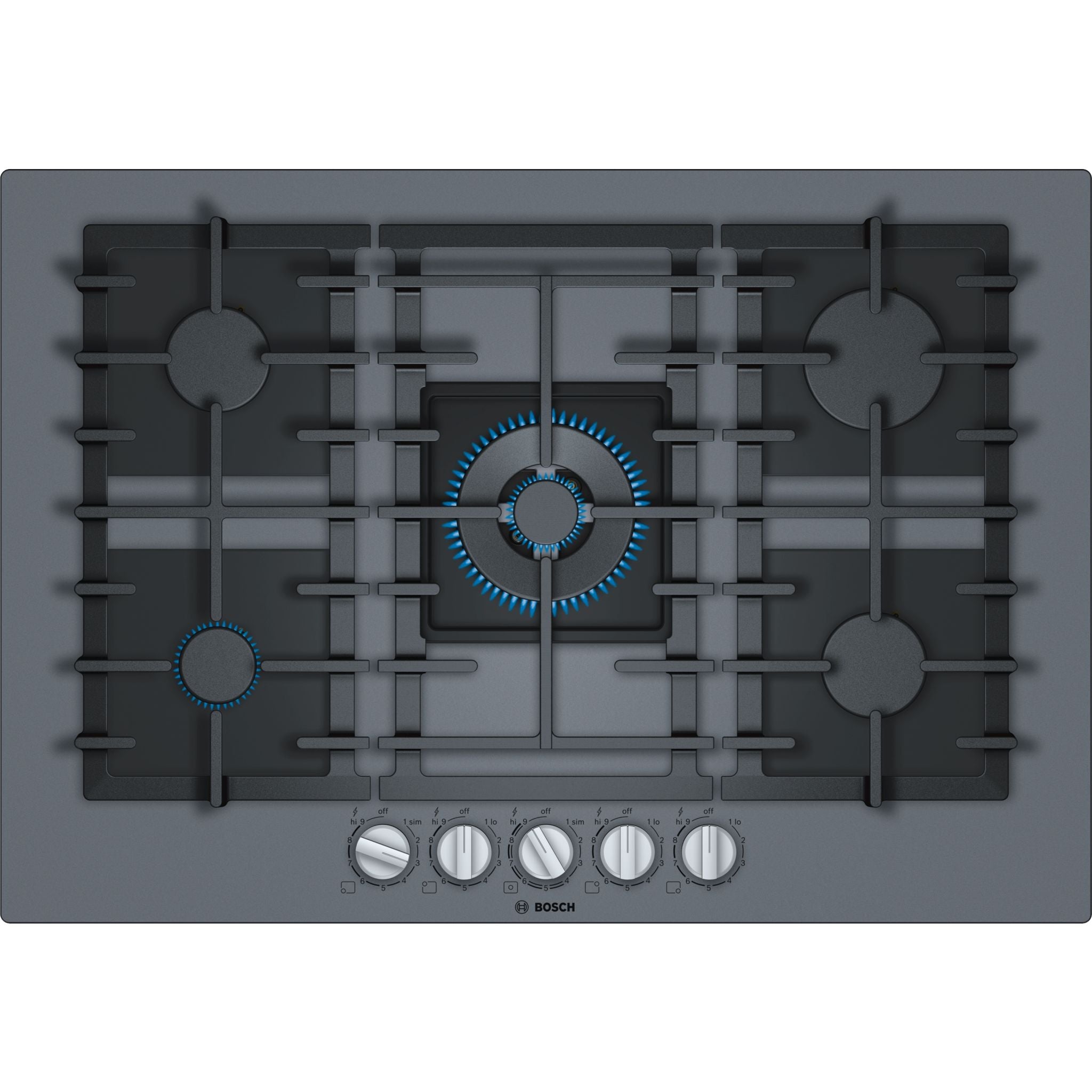Bosch 30 Inch Gas Cooktop NGMP077UC - 5 Burner Professional Gas Stove Top in Dark Silver for Modern Kitchen Cooking & Entertaining