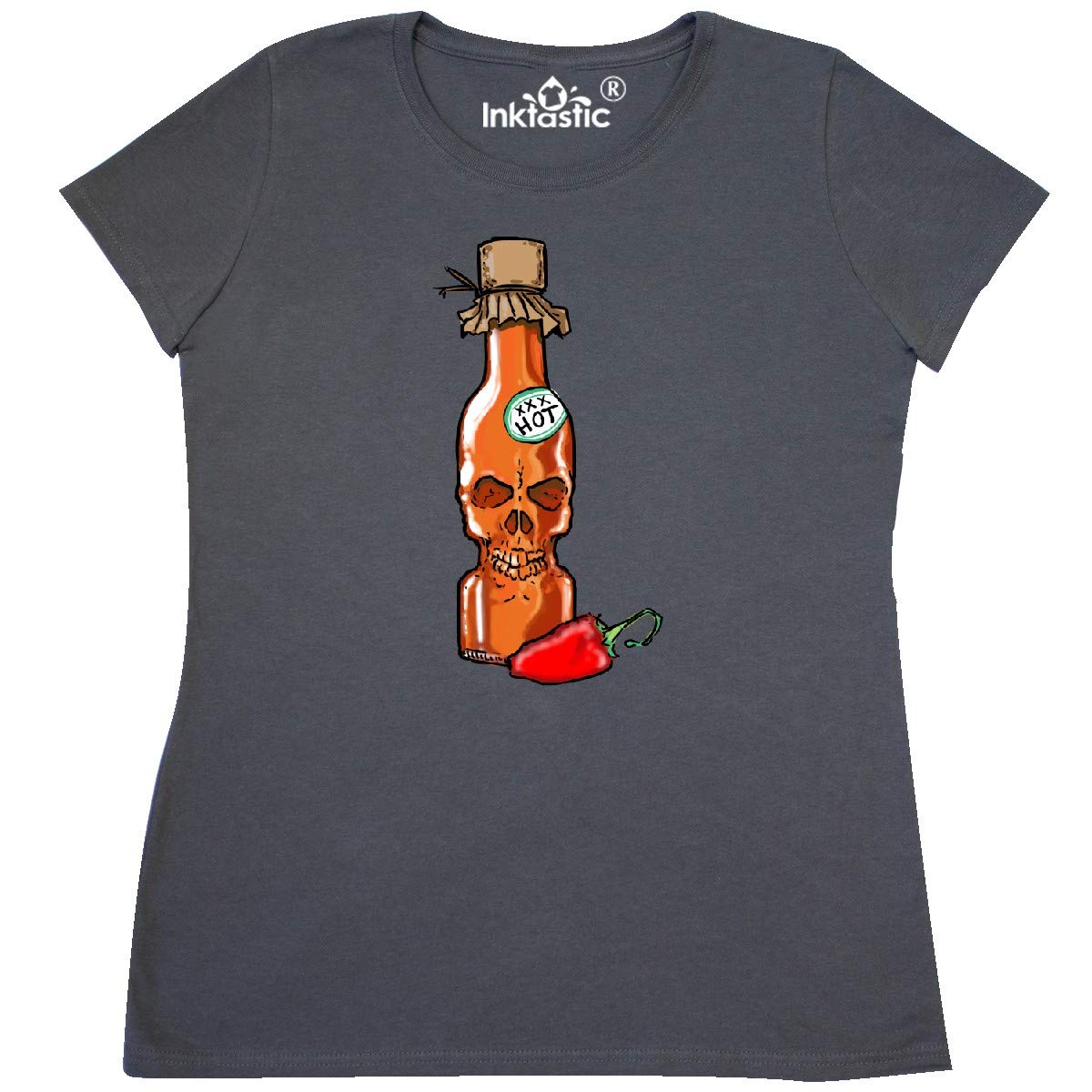 Inktastic Hot Sauce Skull Bottle with Pepper Women's T-Shirt | Funny Spicy Food Lover Graphic Tee | Perfect for Halloween, Cooking Enthusiasts & Hot Sauce Fans