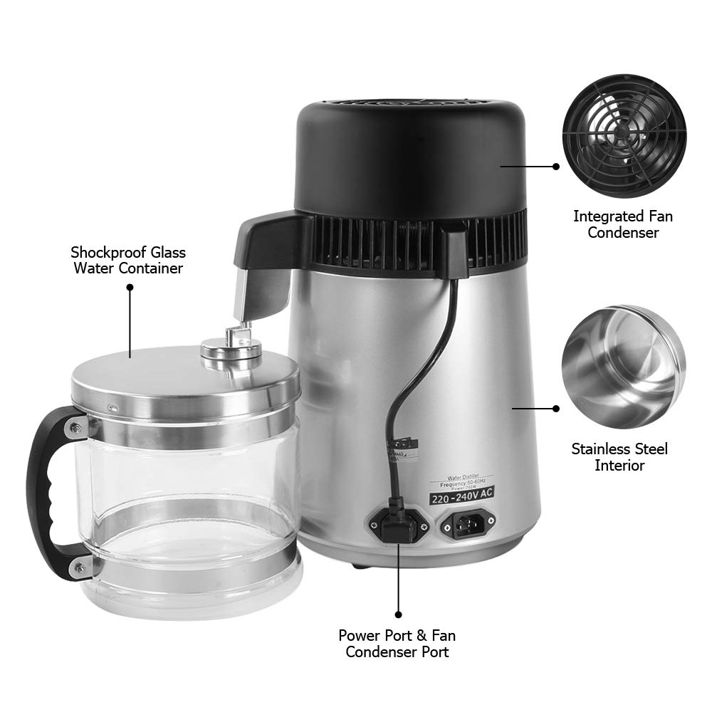 Stainless Steel Countertop Water Distiller Machine with Glass Container - 720W Pure Water Maker for Home Use | All Stainless Steel Interior | Perfect for Drinking, Cooking, Baby Formula & Essential Oil Distillation