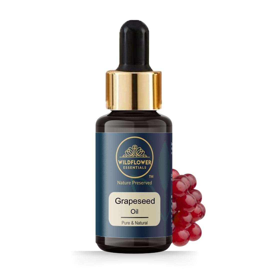 100% Pure & Natural Cold Pressed Grapeseed Oil for Face, Skin & Hair - Lightweight Anti-Aging Carrier Oil | Wildflower Essentials Undiluted 30ml | Perfect for DIY Beauty, Massage & Aromatherapy