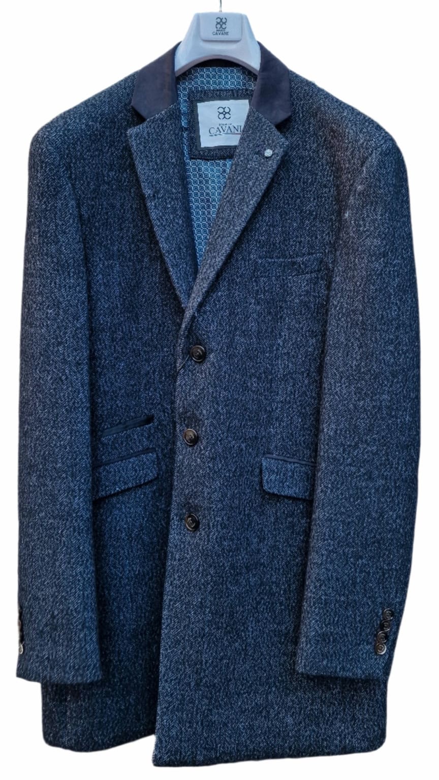 Cavani Fabrini Men's Navy Check Wool Blend Overcoat - Premium Winter Coat for Business & Formal Occasions