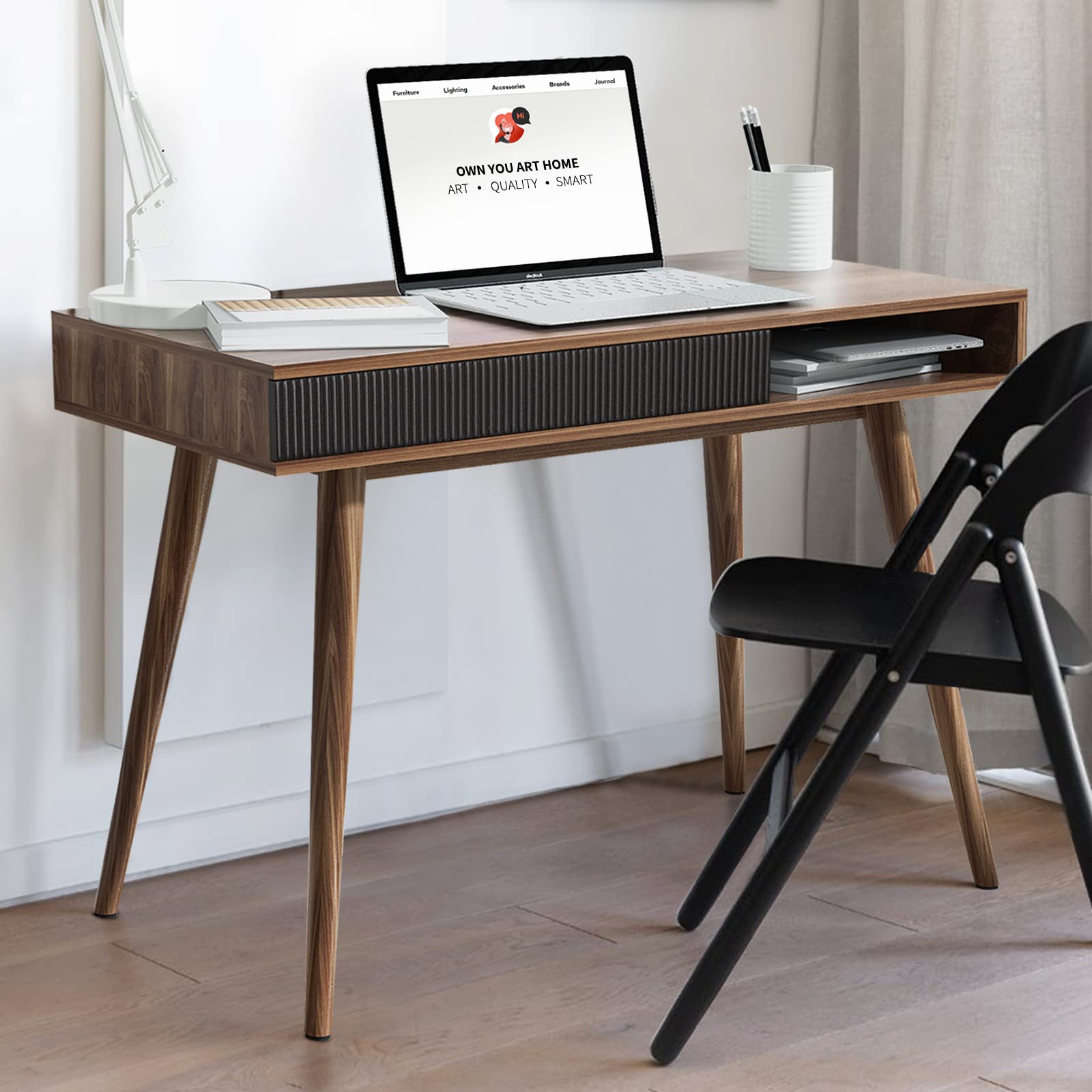Mid Century Modern Writing Desk with Drawer - Walnut Home Office Desk, Simple & Stylish Workspace Solution for Small Spaces & Home Offices