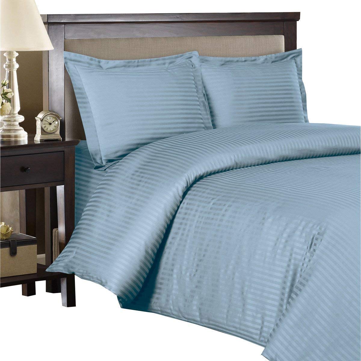 Royal California King Size 600-Thread-Count 3-Piece Duvet Cover Set with 1 Siberian Goose Down Alternative Comforter - 100% Cotton Blue Striped Luxury Bedding for Hotels & Home Decor