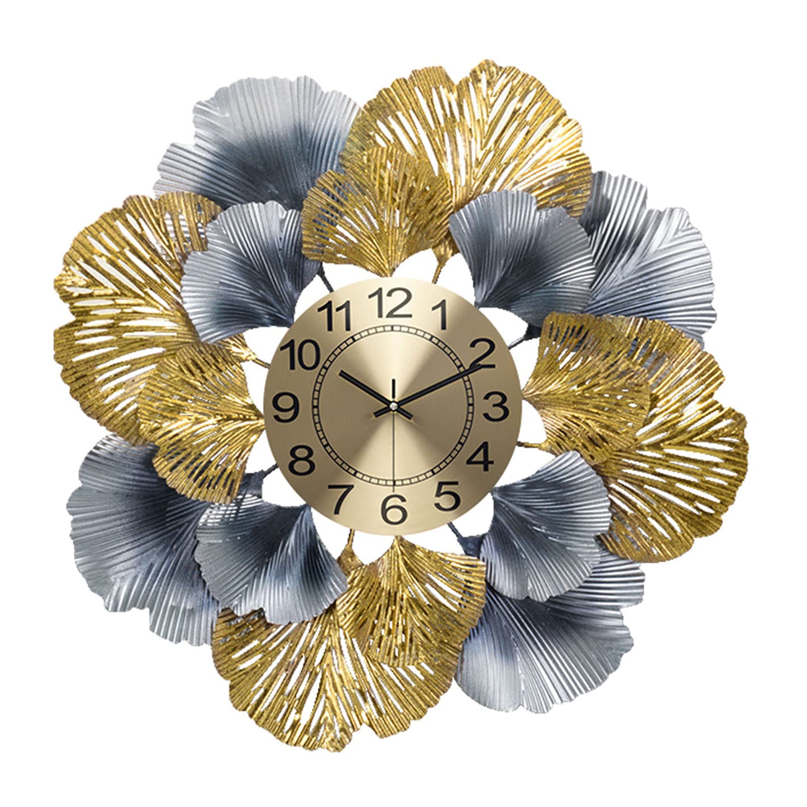 QWEEI Large Sunburst Wall Clock - Creative Metal Ginkgo Leaf Design, Silent Non-Ticking Decorative Clock for Living Room, Kitchen & Home (Gold, 67cm) - Perfect for Farmhouse, Vintage & Boho Decor
