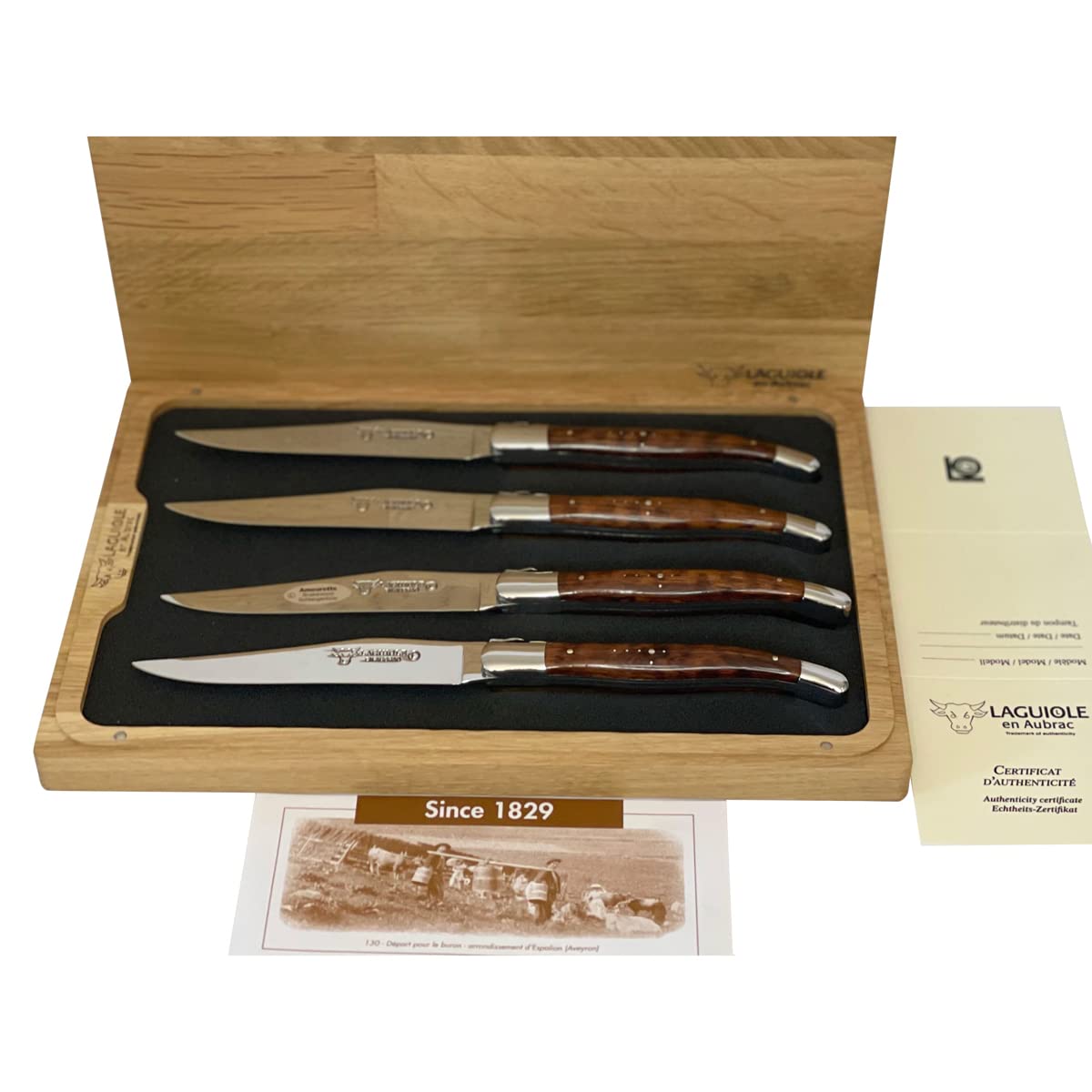 Laguiole en Aubrac Luxury Forged Full Tang Stainless Steel Steak Knives Set - 4-Piece with Amourette Snakewood Handle & Shiny Bolsters - Perfect for Fine Dining, Steakhouse Experience & Gourmet Gifts