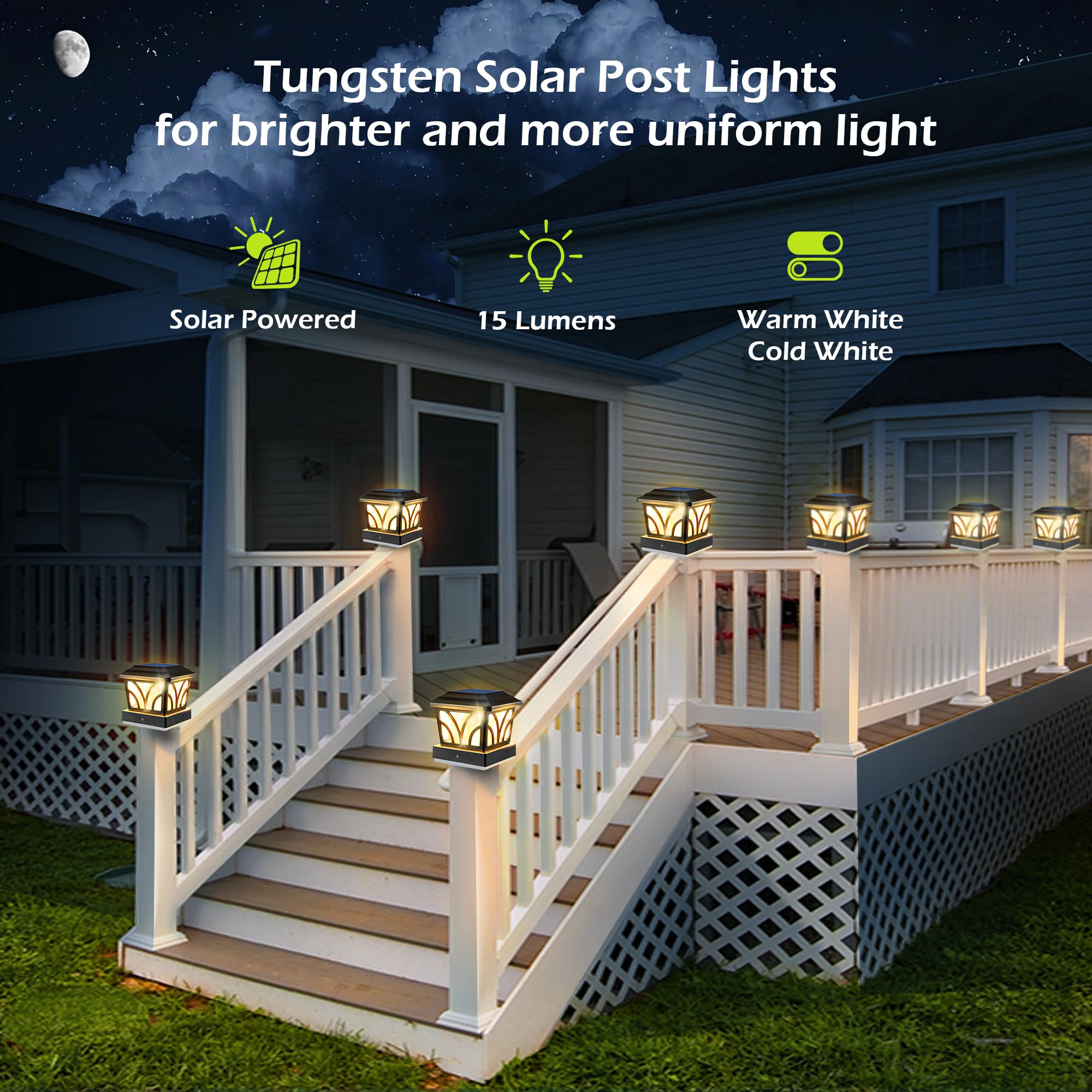 LeiDrail Solar Post Lights Outdoor - 8 Pack Black Aluminum Solar Deck Fence Cap Lights with Edison LED Bulbs for 4x4 5x5 6x6 Wooden/Vinyl Posts - 2 Modes (Warm White & Cool White) - Perfect for Patio, Garden, Pathway, and Deck Lighting Decorations