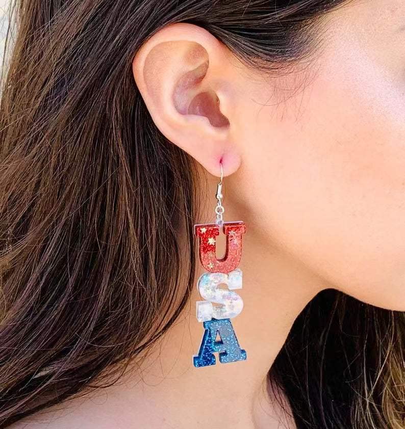 Patriotic American Flag Earrings for Women - Red White Blue Acrylic USA Heart Star Dangle Drop Jewelry - Perfect for 4th of July, Independence Day & National Pride Events