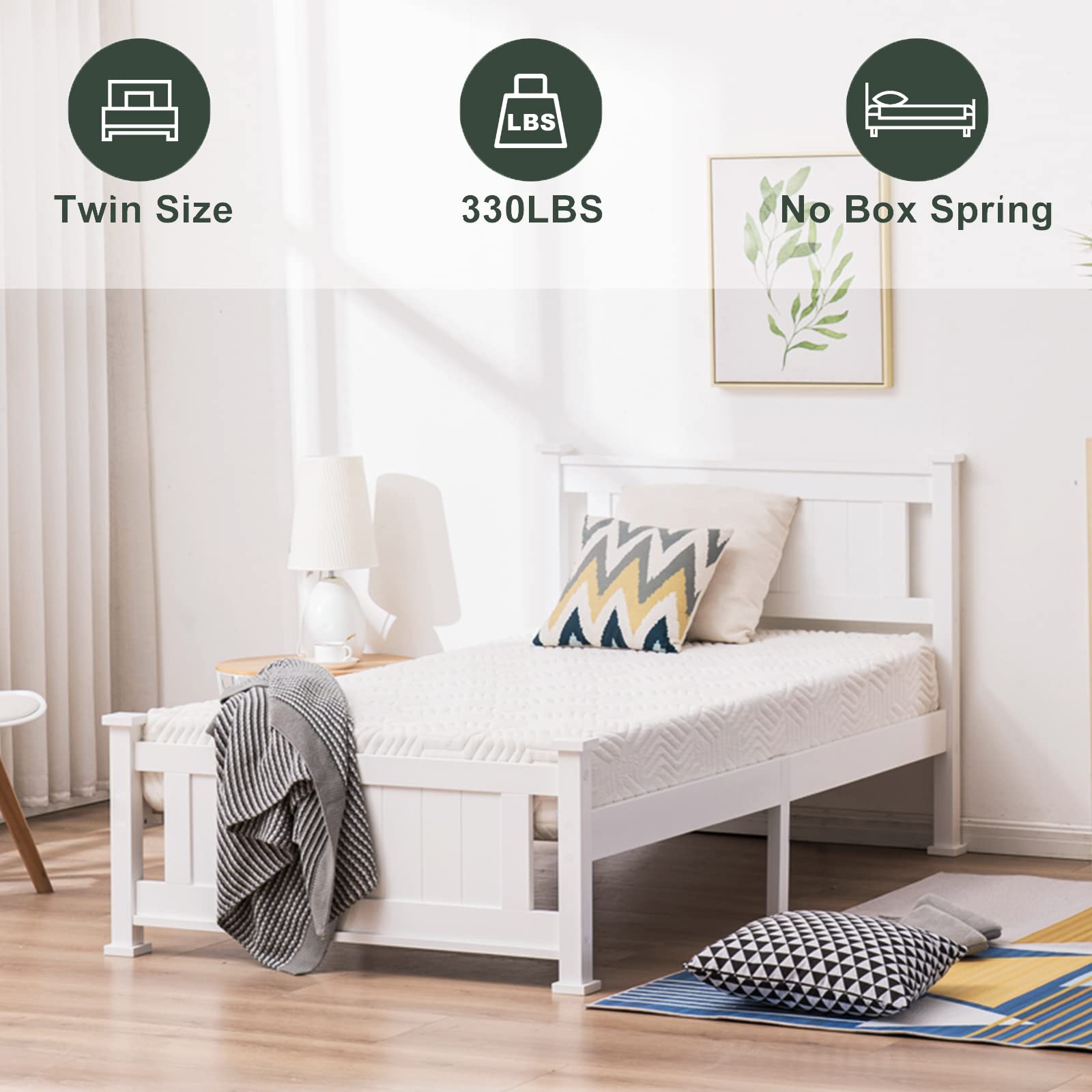 Bonnlo Twin Size Solid Wood Platform Bed Frame with Headboard - No Box Spring Needed, Wood Slat Support Mattress Foundation in White - Perfect for Small Bedrooms, Guest Rooms & Dorm Rooms