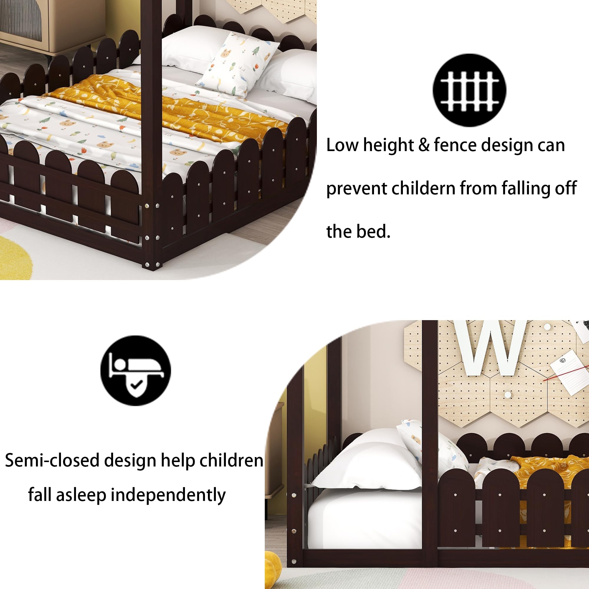 Harper & Bright Designs Full Size House Bed for Kids - Montessori Floor Bed with Safety Guardrails, Solid Wood Frame for Boys & Girls (Full, Espresso) - Perfect for Montessori Bedrooms, Playrooms & Safe Toddler Sleep