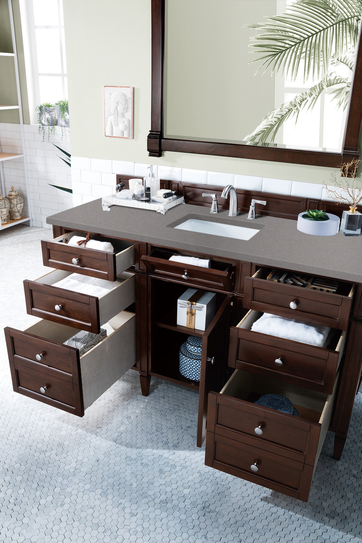 Brittany 60 Inch Burnished Mahogany Bathroom Vanity with 3CM Gray Expo Quartz Countertop - Perfect for Modern Master Bathrooms and Powder Rooms