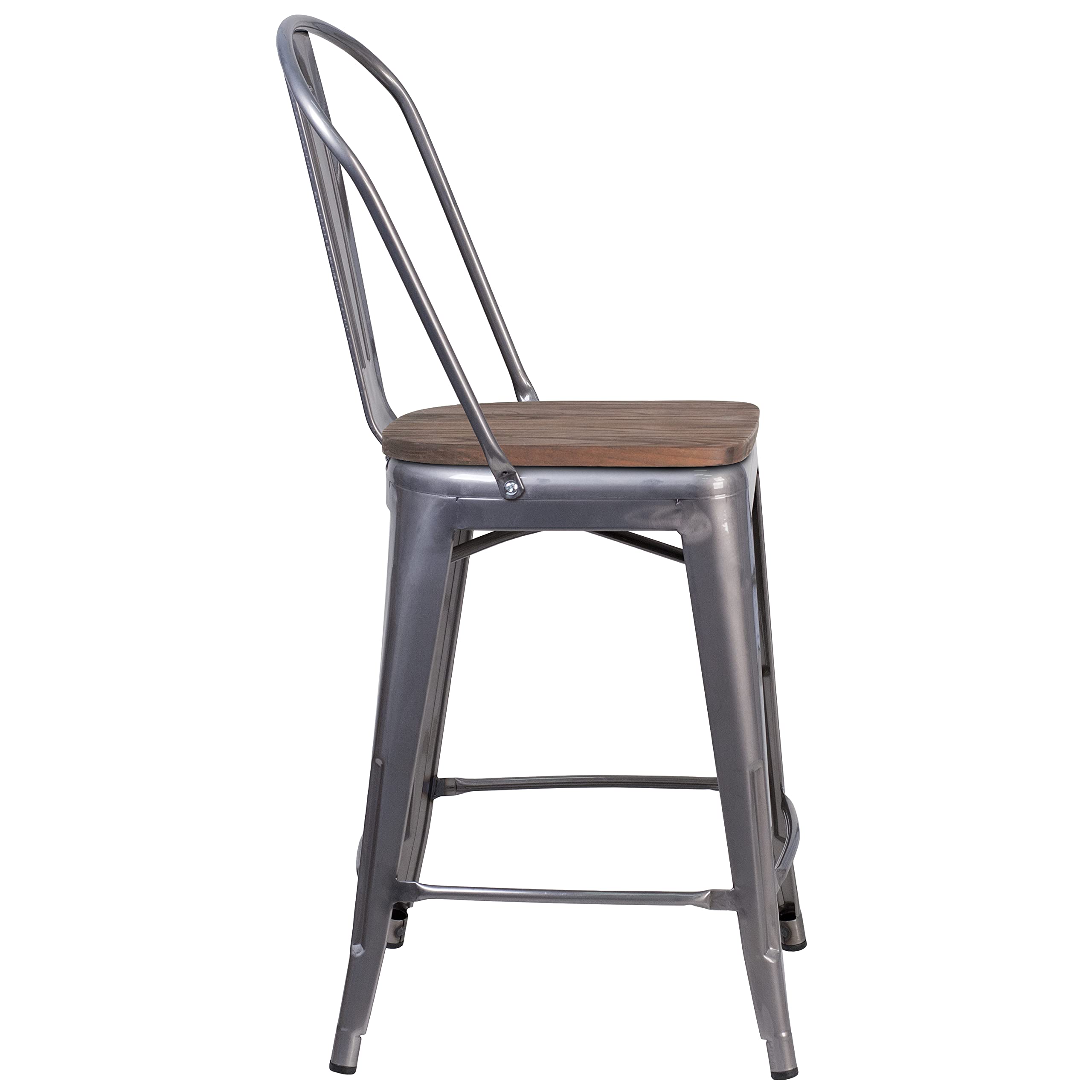 EMMA + OLIVER 24 Inch H Clear Coated Counter Height Bar Stool with Back Support & Wood Seat - Perfect for Kitchen Islands, Breakfast Bars & Home Dining Areas