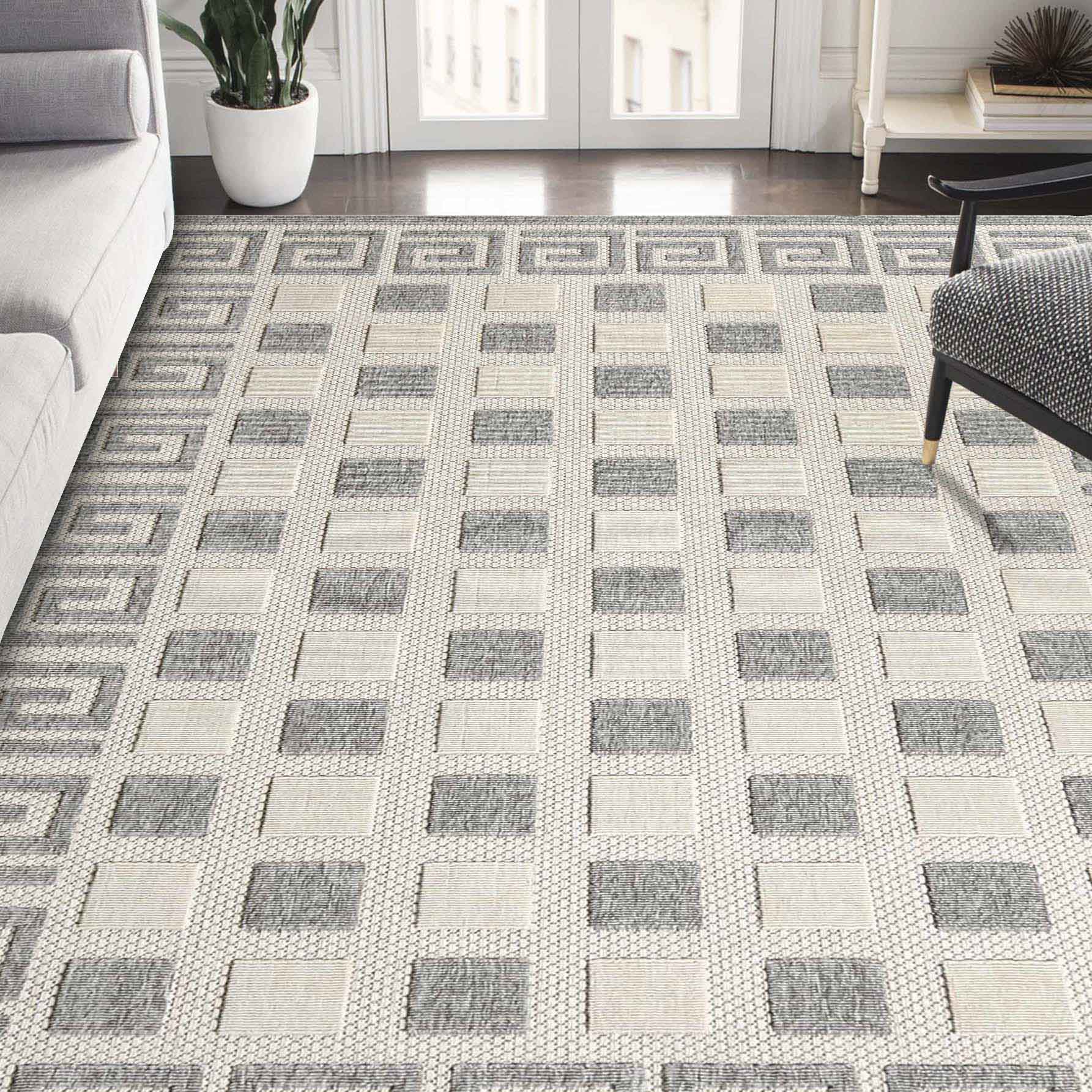 Modern Geometric Greek Key Pattern Rug - Non-Slip Indoor Outdoor Area Carpet for Living Room, Bedroom, Patio & Deck - Soft & Durable Home Decor
