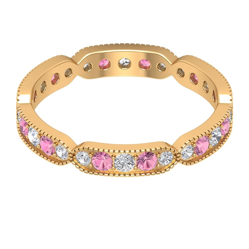 14K Solid Gold Pink Tourmaline & Diamond Eternity Ring for Women | Milgrain Detailing | Wedding, Anniversary & Special Occasion Jewelry Gift