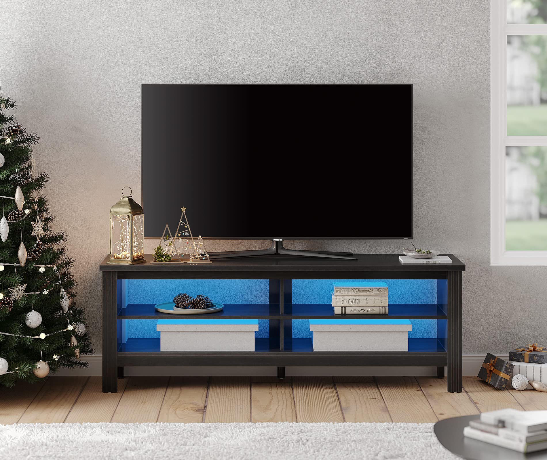 FITUEYES 65 Inch TV Stand with LED Lights, Entertainment Center with 4 Storage Cubby - Modern TV Console Table for Living Room & Bedroom (60