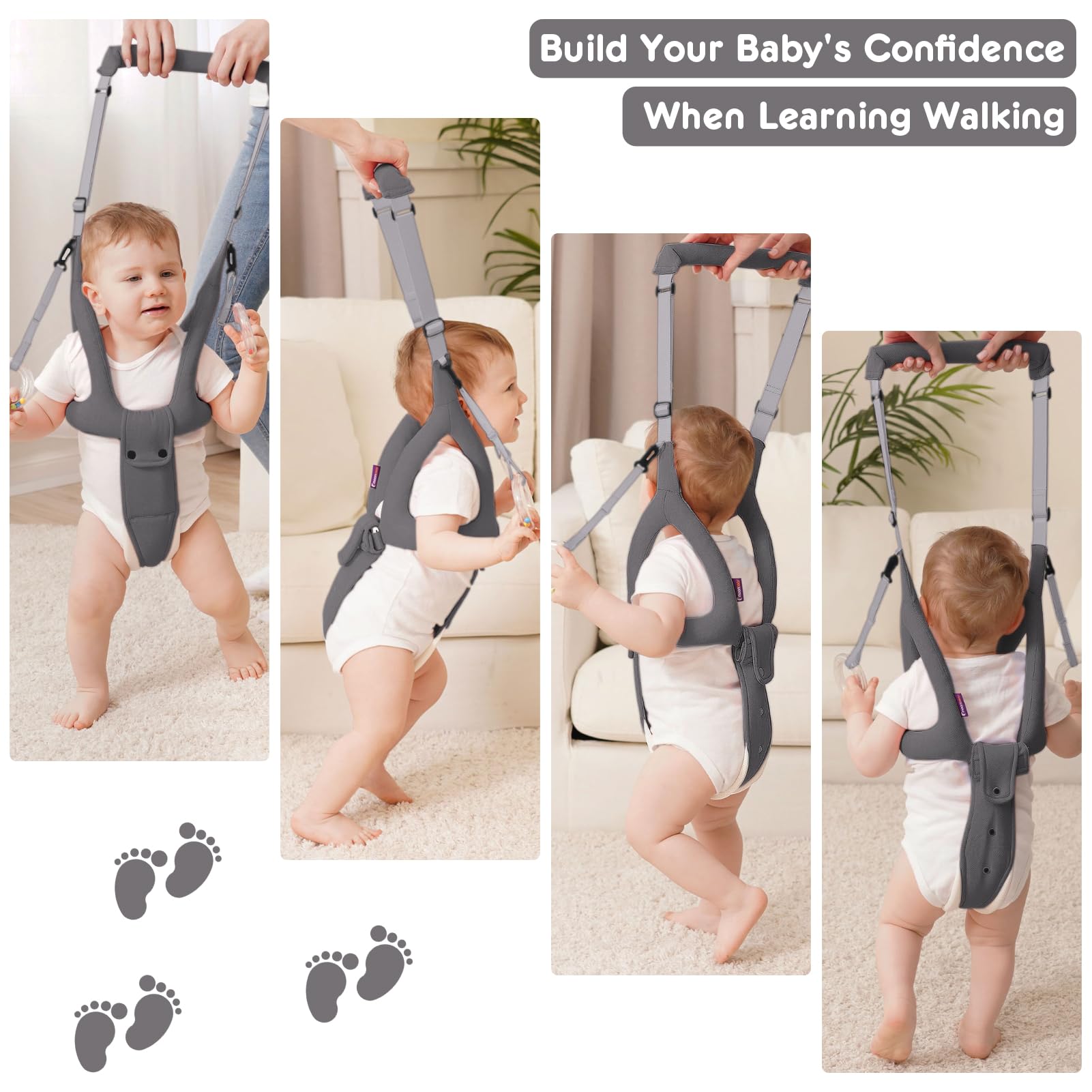 Baby Walking Harness for 8-16 Months - Adjustable Infant Toddler Walker Assistant Belt with Handheld Support - Safe Standing & Walking Aid for Babies (Gray) - Perfect for First Steps & Indoor/Outdoor Learning