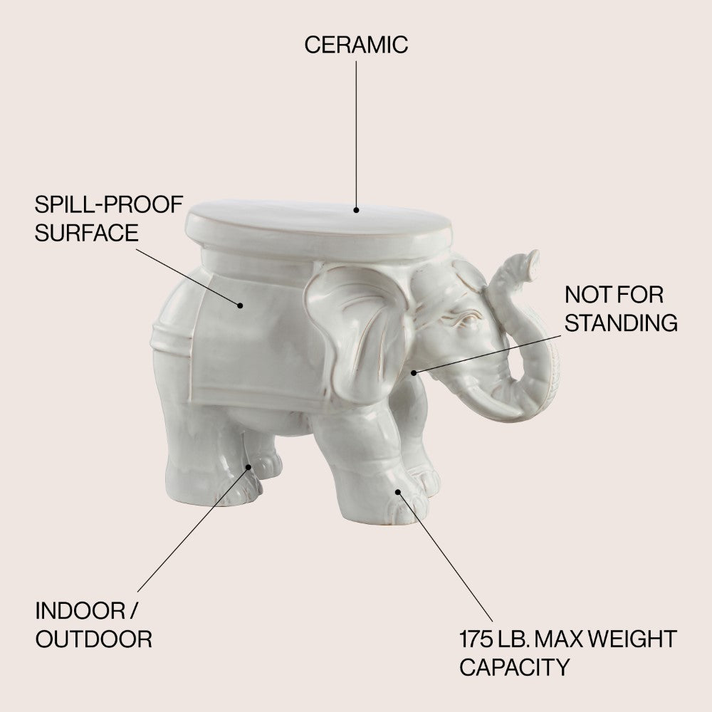 14.2 Inch White Elephant Ceramic Garden Stool - Outdoor Patio Decor, Side Table, Plant Stand for Home & Garden Use