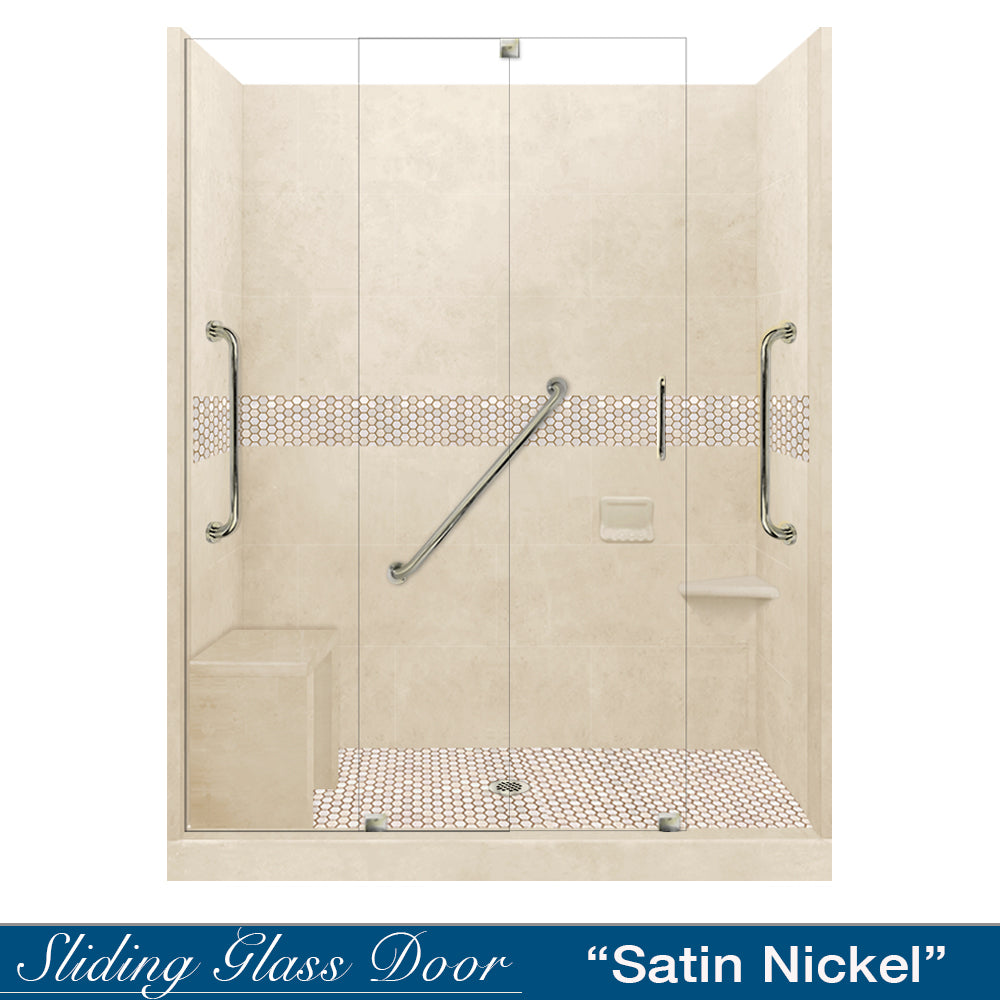 Freedom 60 Alcove Shower Kit - Desert Sand Sistine Stone & Honey Hex Mosaic Tile Backsplash (DIY Bathroom Remodel for Home, Apartment, or RV) - Perfect for Modern Bathroom Upgrades and Spa-Like Shower Experiences