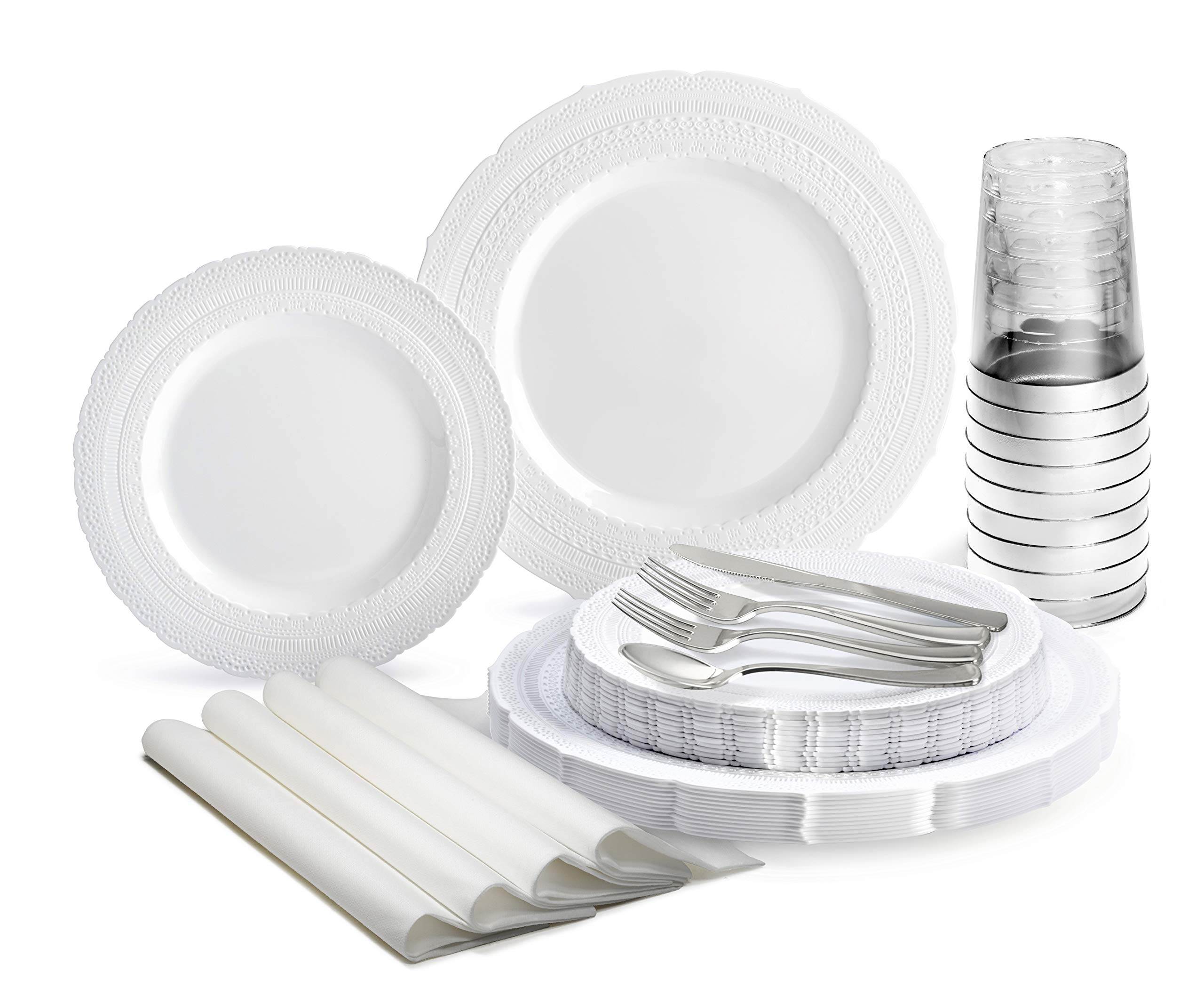 640-Piece Premium Vintage Wedding Dinnerware Set - Heavyweight Disposable/Reusable Plastic Plates (80 x 11'' & 80 x 8.25'') + Silverware + Cups + Napkins - Chateau Collection White - Perfect for Weddings, Parties & Special Events