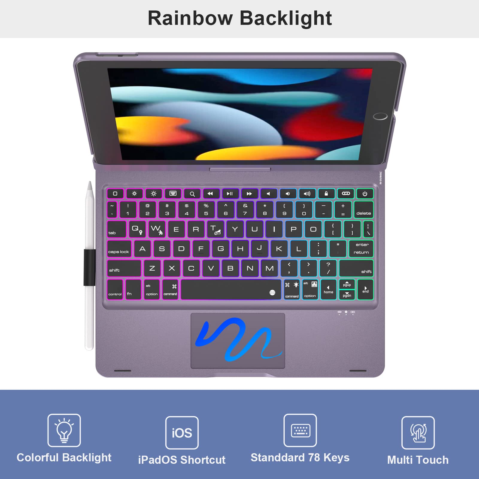 NOKBABO iPad 9th Generation Case with Keyboard - 360° Rotatable Touchpad, 7-Color Backlight & Pencil Holder - Compatible with iPad 9th/8th/7th Gen 10.2