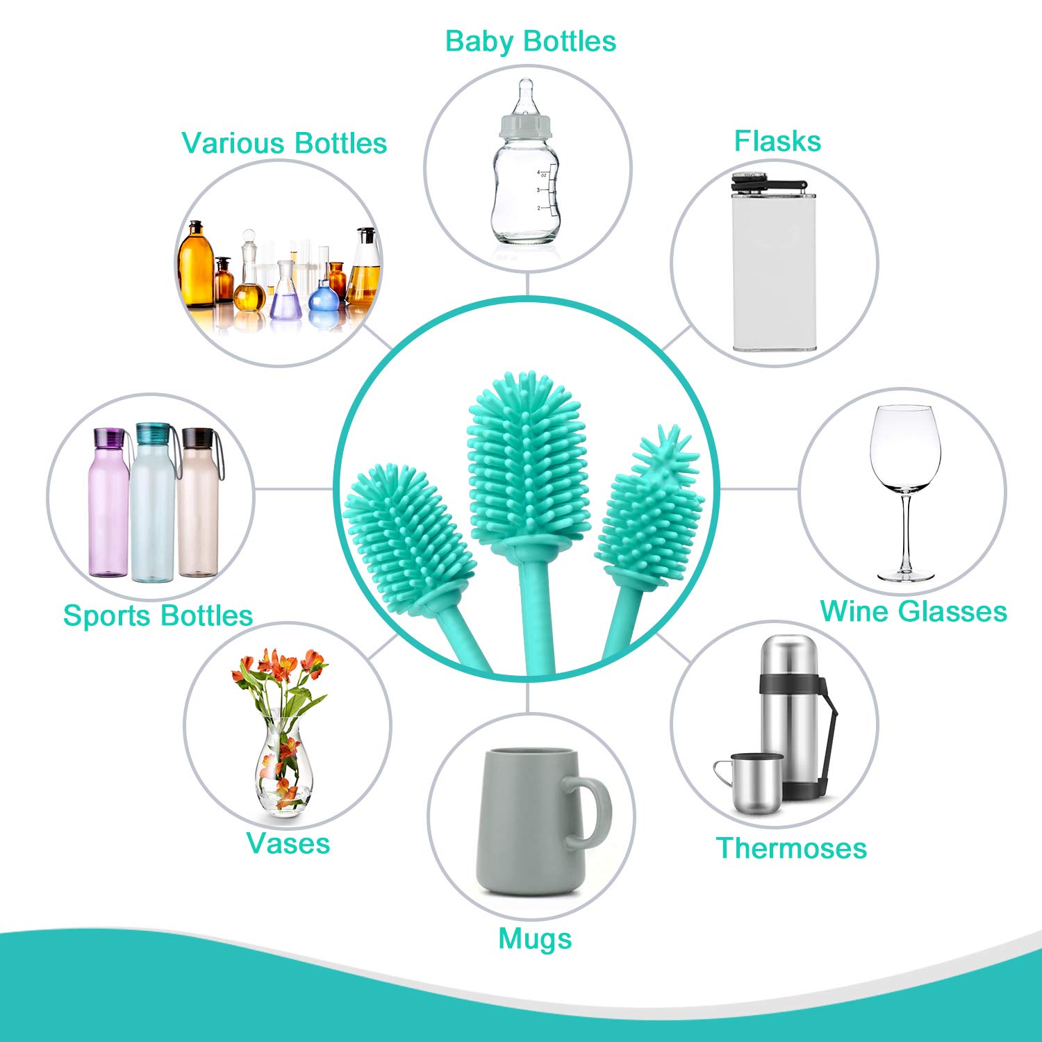 Premium Silicone Bottle Brush Cleaner Set of 3 - Long Handle Cleaning Brushes for Narrow Neck Bottles, Water Bottles, Thermos, Hydro Flasks, Coffee Mugs & Baby Bottles (Blue) - Perfect for Kitchen, Camping & Baby Care