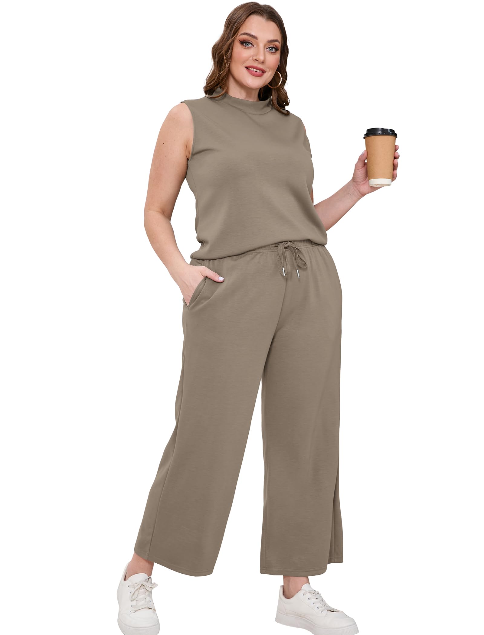 Women's Summer Two Piece Outfits - SAMPEEL Lounge Sets with Mock Neck Tops & Wide Leg Crop Pants | Casual Vacation Travel Clothes for Beach, Brunch & Relaxing at Home