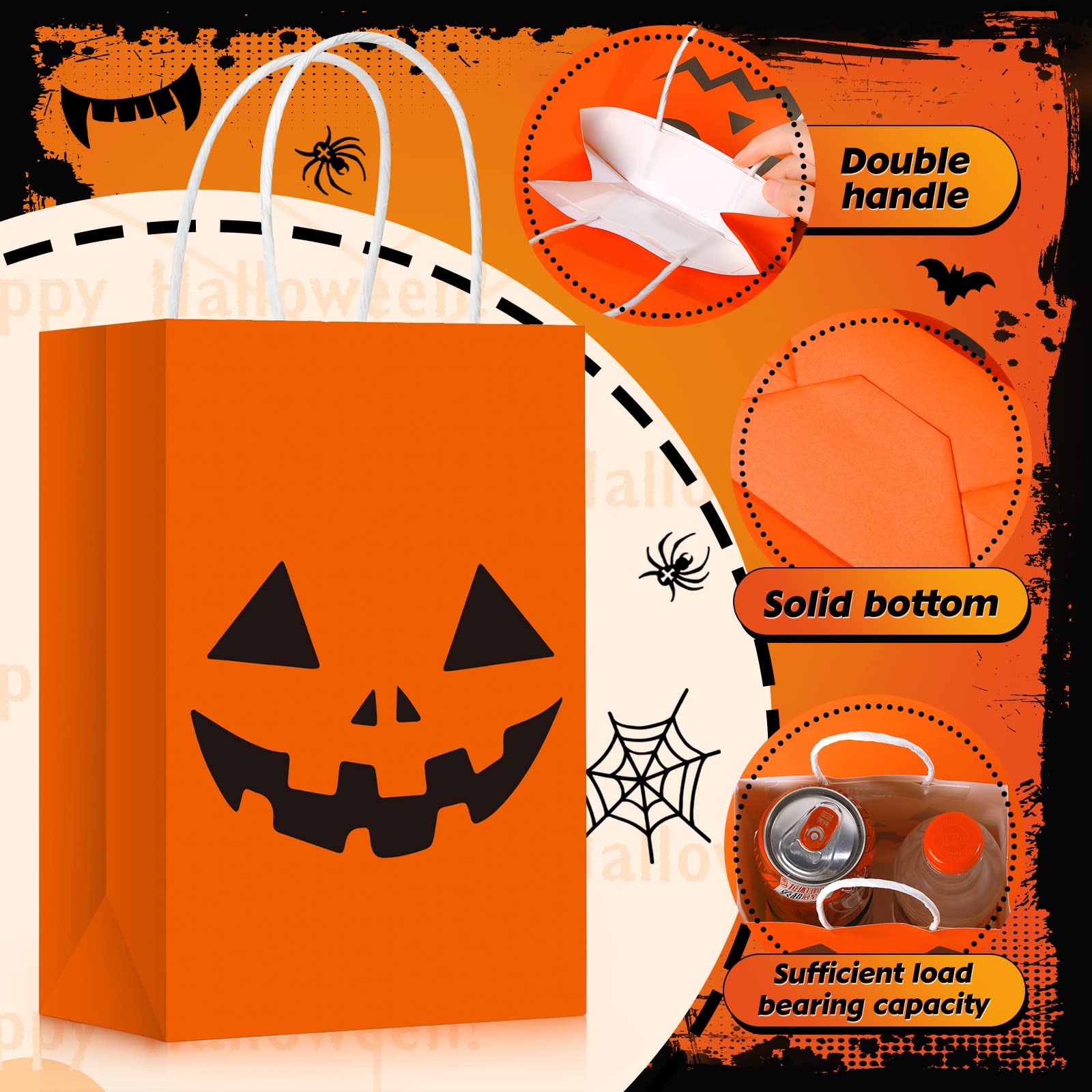24 Pack Halloween Treat Bags with Handles - Orange & Black Paper Gift Bags for Candy, Goodies & Party Favors | Halloween Party Supplies, Trick or Treat, Classroom Treats & Holiday Snacks (Bright Style)