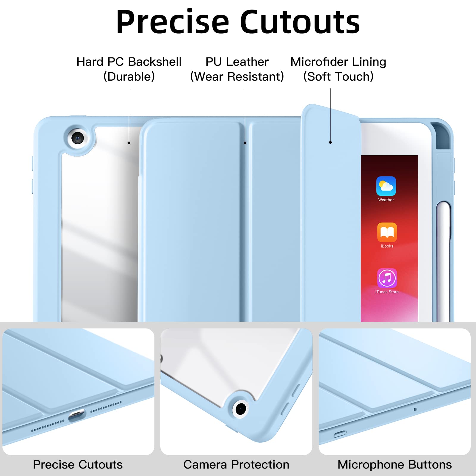 Wenlaty iPad 9th/8th/7th Generation Case (2021/2020/2019) - 10.2 Inch Clear Protective Cover with Pencil Holder | Auto Sleep/Wake | Full Body Protection | Sky Blue | Perfect for School, Work & Travel