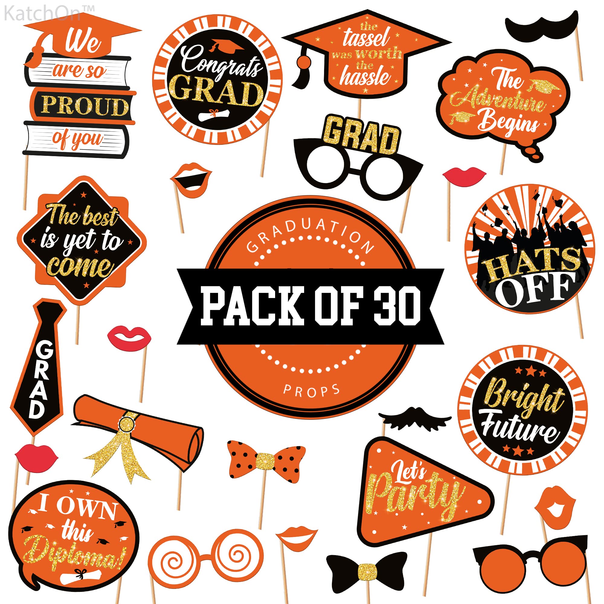 KatchOn 2025 Graduation Photo Booth Props - 30-Pack Glitter Orange & Black Decorations for Class of 2025 | Perfect for Graduation Parties, Photo Backdrops & School Events