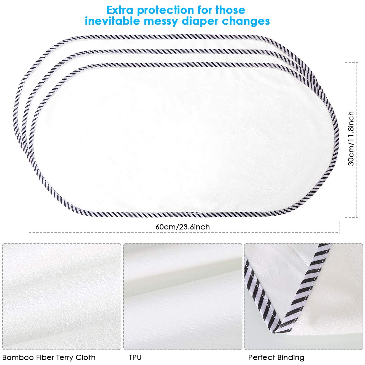 3 Pack Waterproof Changing Pad Liners - Soft Quilted Reusable Diaper Changing Table Cover (30x60cm) for Baby Nursery, Travel & On-the-Go Diaper Changes - Skin-Friendly Portable Changing Mat Liners
